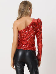 Sparkly Sequin One Shoulder Puff Long Sleeve Shimmer Tops