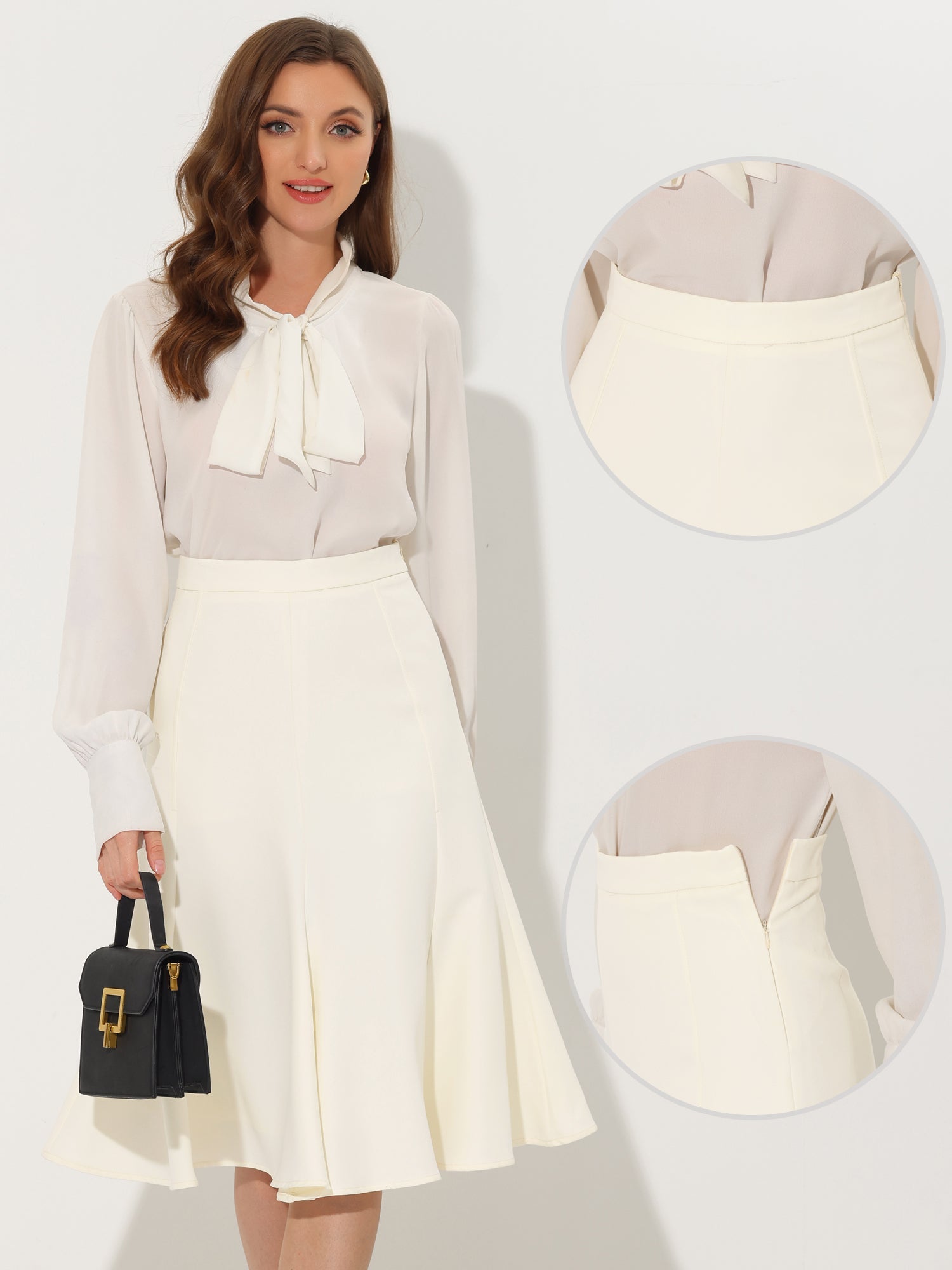 Side Zipper High Waist Elegant Flared A Line Midi Skirt