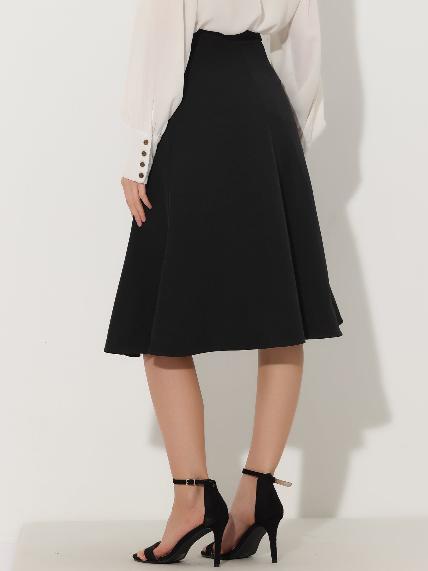 Side Zipper High Waist Elegant Flared A Line Midi Skirt