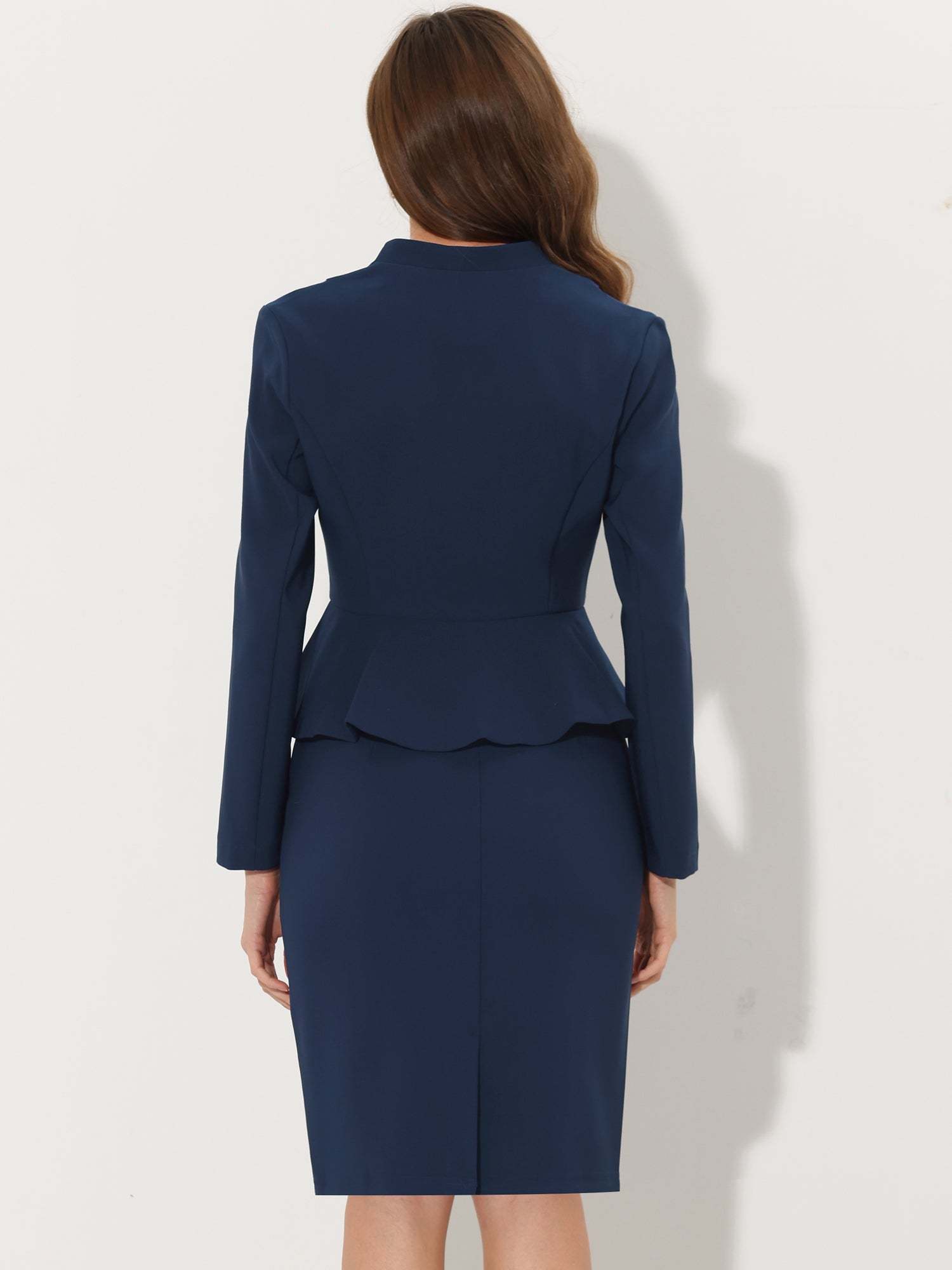 2 Piece Long Sleeve Collarless Peplum Blazer and Pencil Skirt Work Suit Set