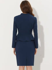 2 Piece Long Sleeve Collarless Peplum Blazer and Pencil Skirt Work Suit Set