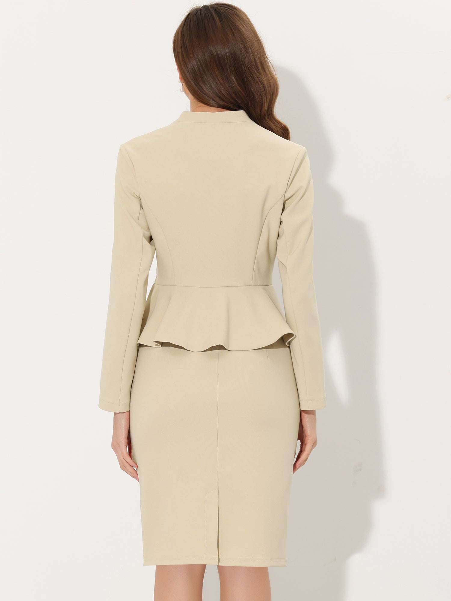 2 Piece Long Sleeve Collarless Peplum Blazer and Pencil Skirt Work Suit Set