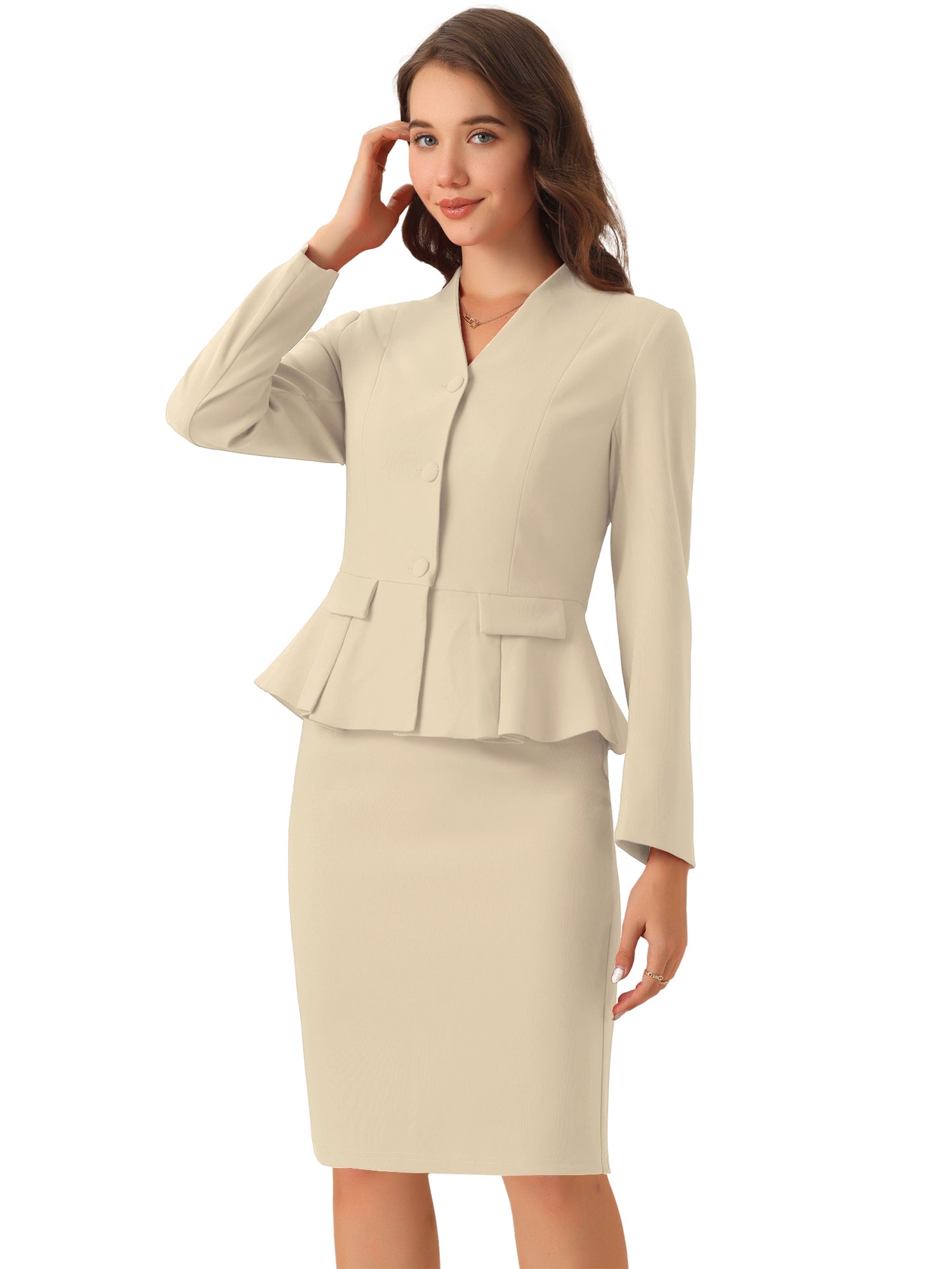2 Piece Long Sleeve Collarless Peplum Blazer and Pencil Skirt Work Suit Set