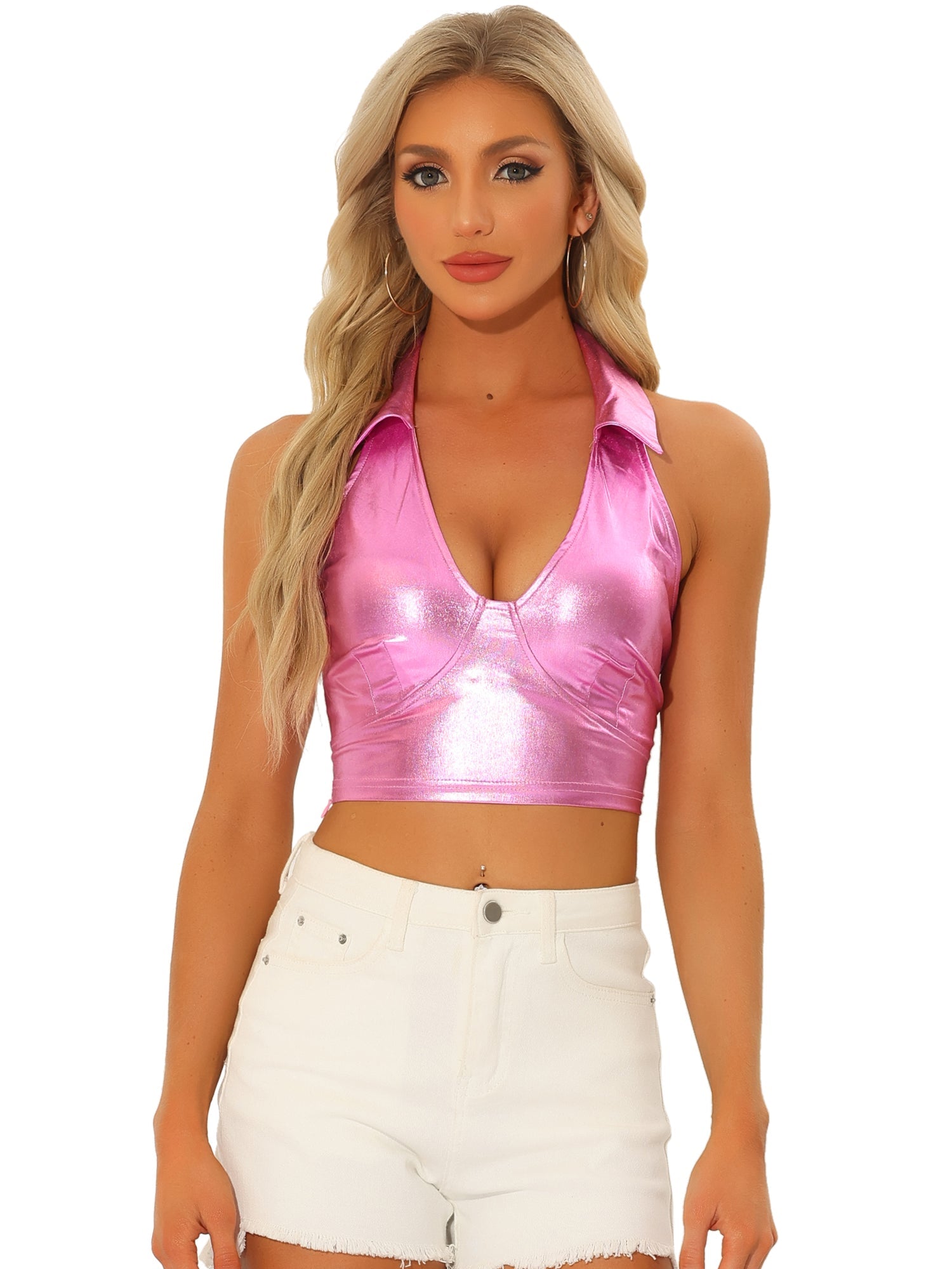 Holographic Crop Top Shimmering Shiny Party Halter Metallic Tops