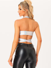 Metallic Halter Neck Deep V Neck Backless Holographic Crop Top