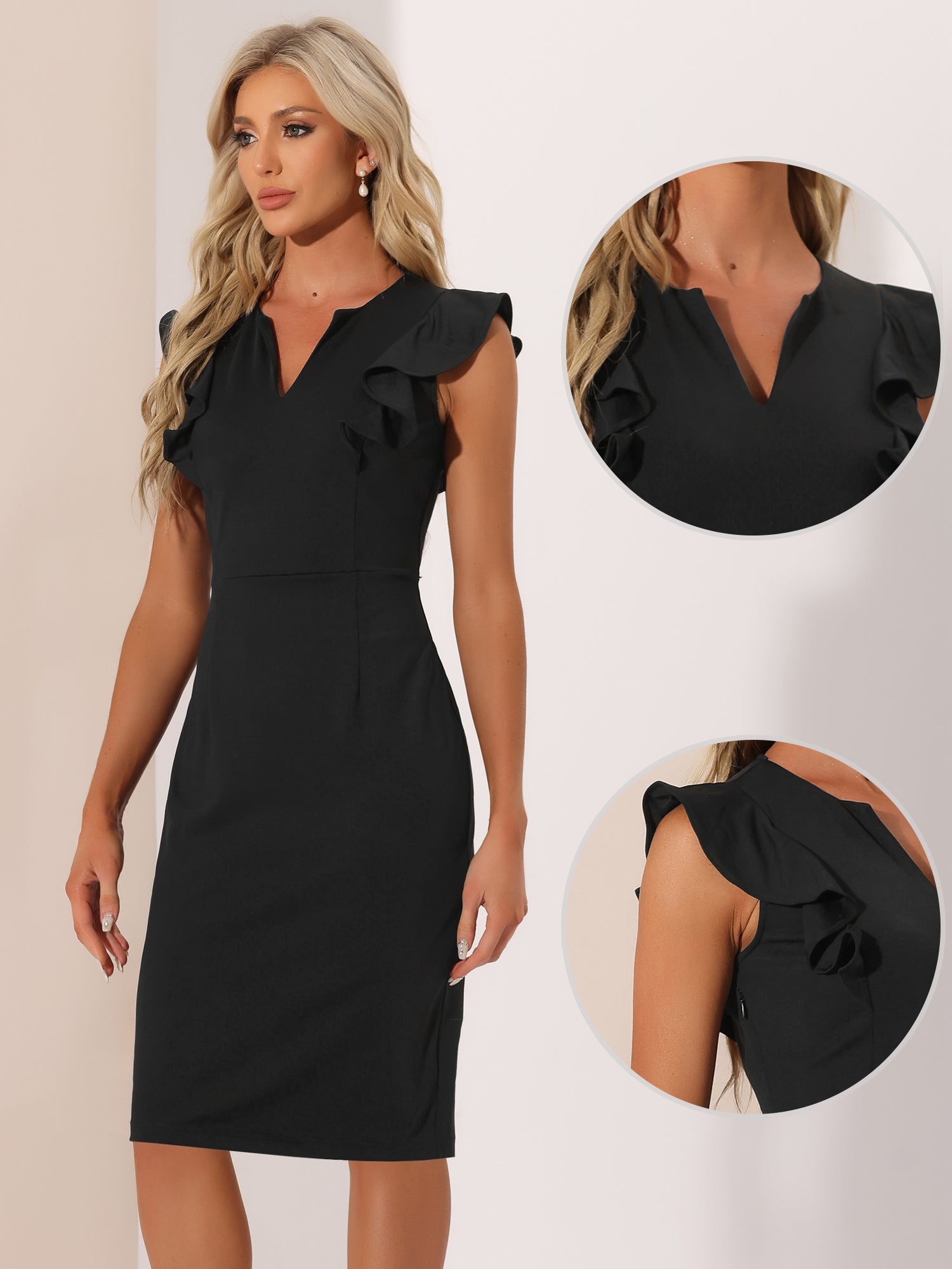 Ruffles V Neck Split Work Pencil Sleeveless Sheath Dress