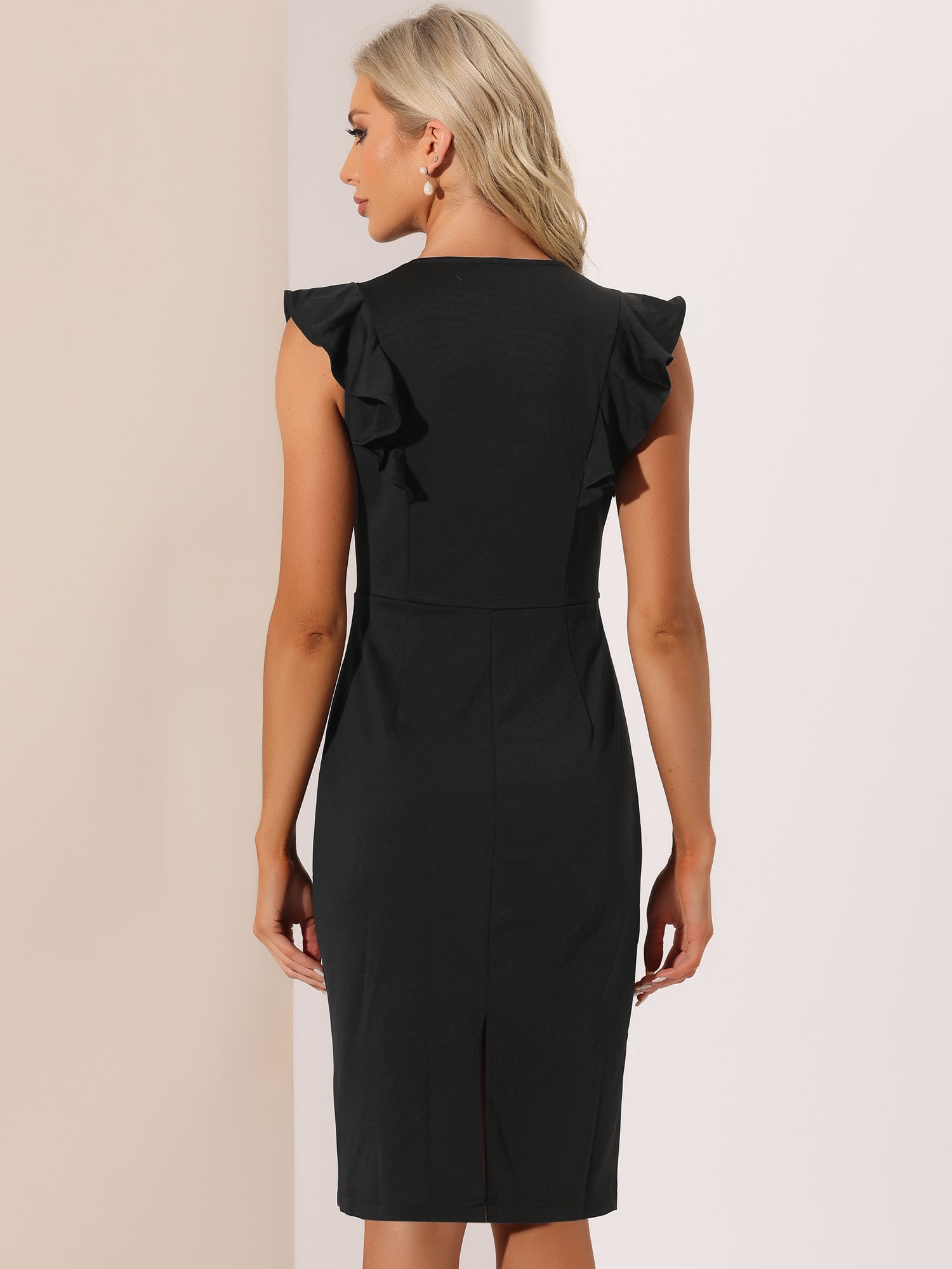 Ruffles V Neck Split Work Pencil Sleeveless Sheath Dress