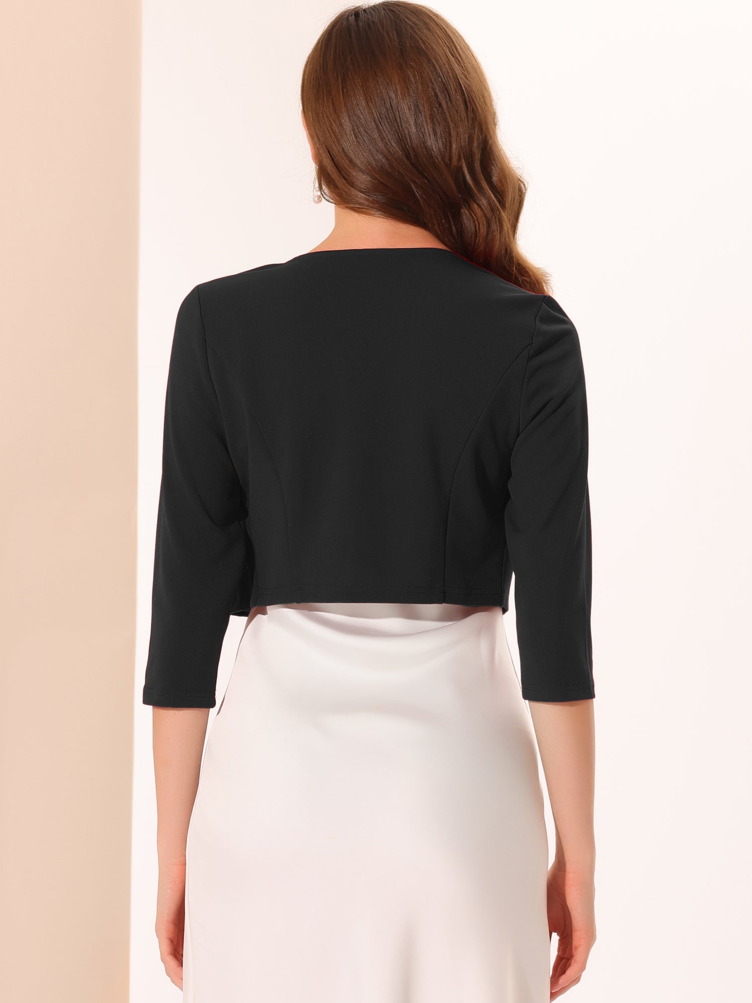 3/4 Sleeve Collarless Pleated Open Front Shrugs