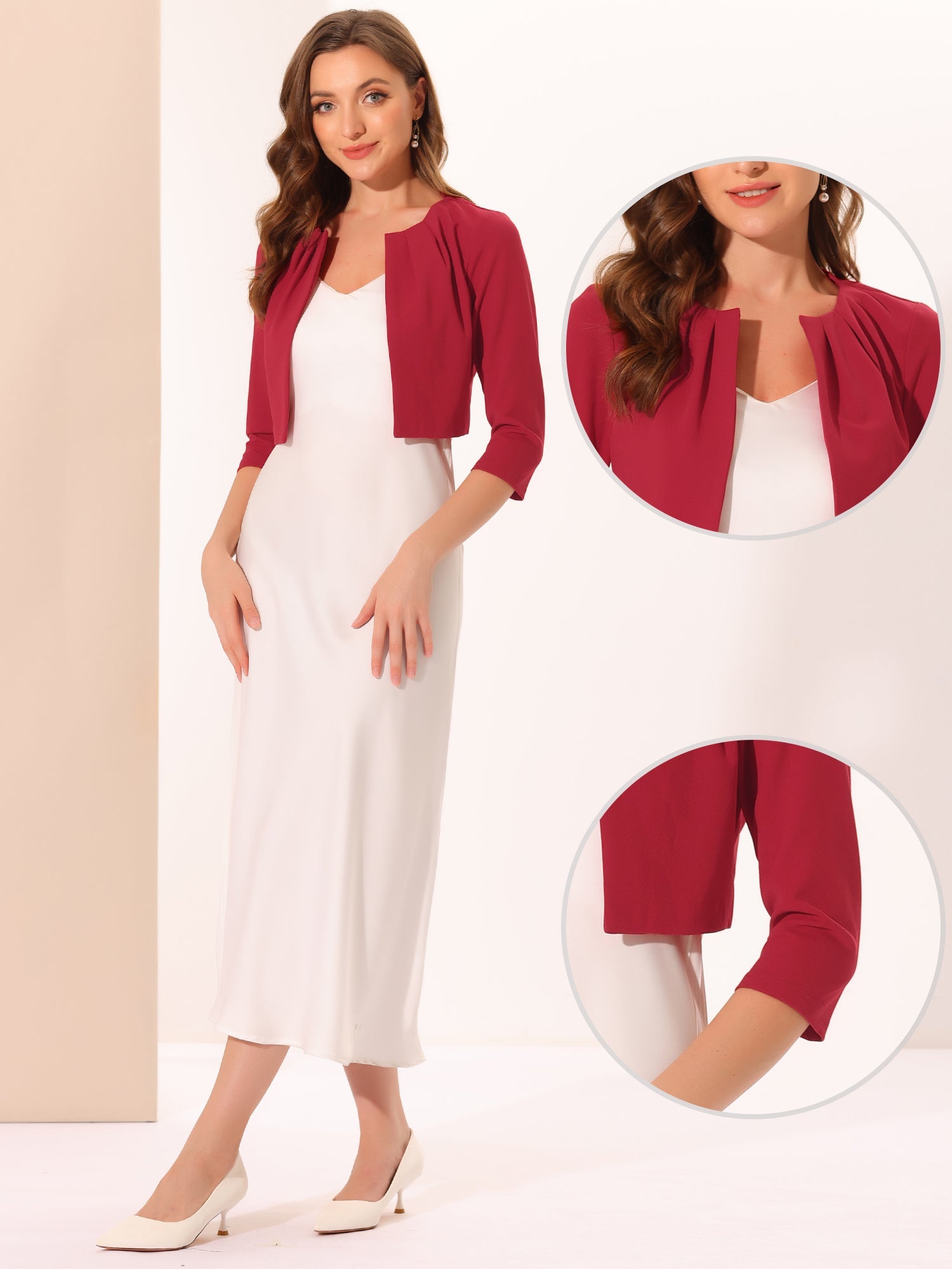 3/4 Sleeve Collarless Pleated Open Front Shrugs
