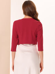 3/4 Sleeve Collarless Pleated Open Front Shrugs