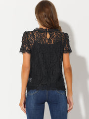 Lace Floral Scalloped Trim Short Sleeve Semi Sheer Blouse