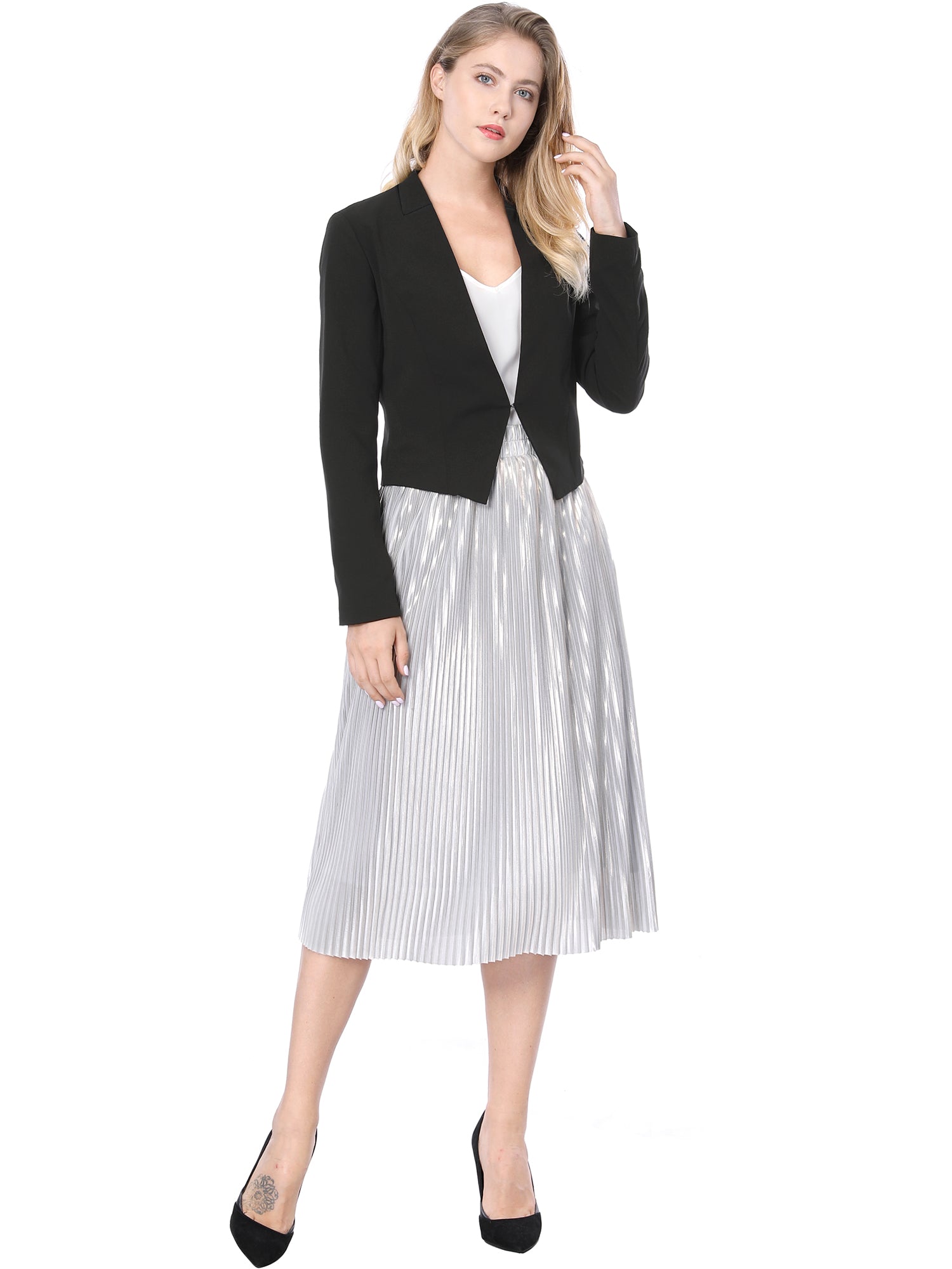 Collarless Solid Color Cropped Office Blazer Jacket