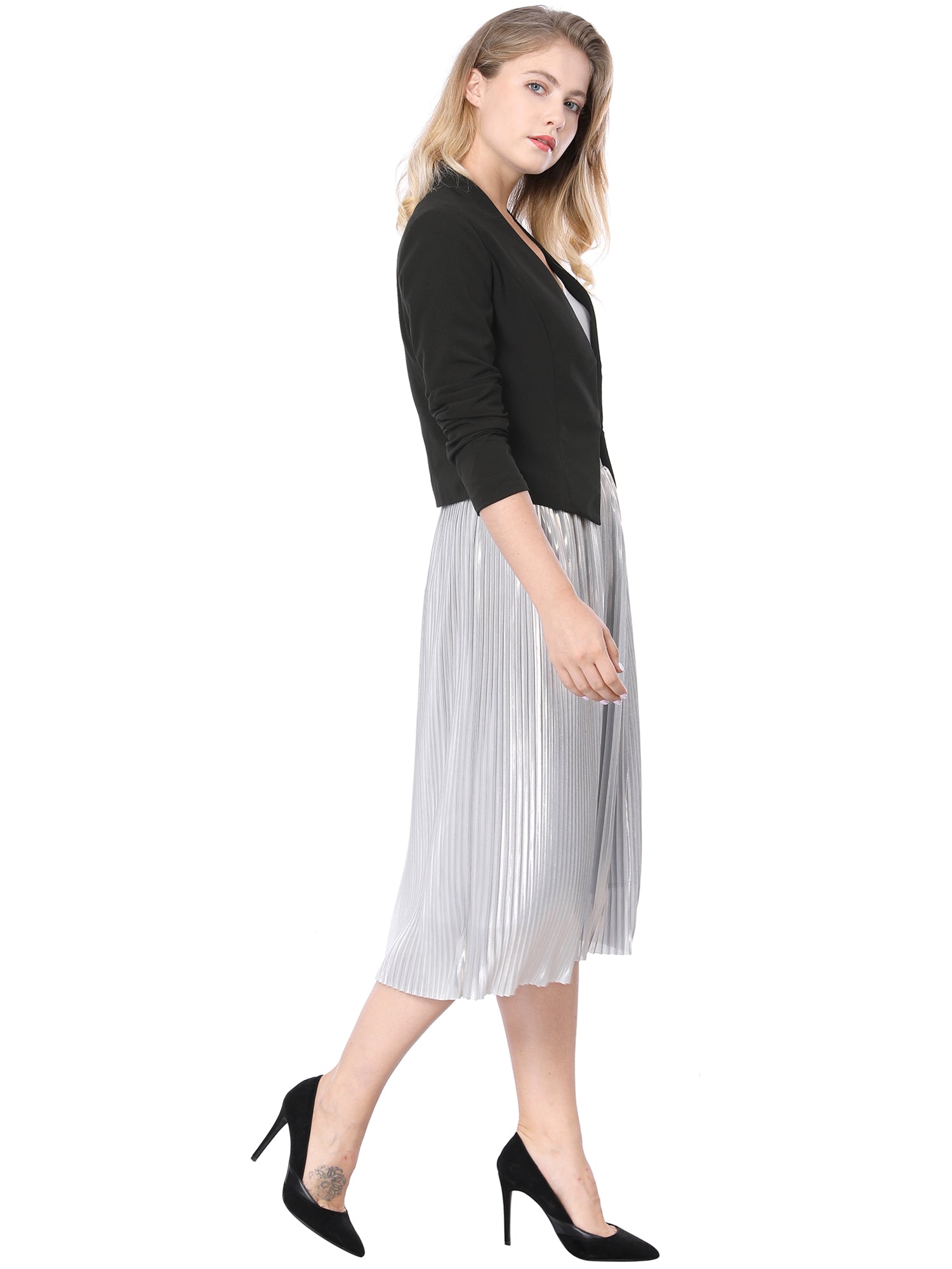 Collarless Solid Color Cropped Office Blazer Jacket