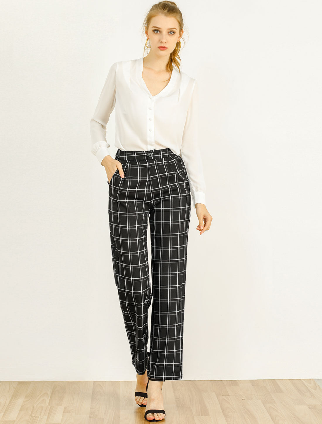 Plaid Elastic Waist Casual Work Office Long Pants