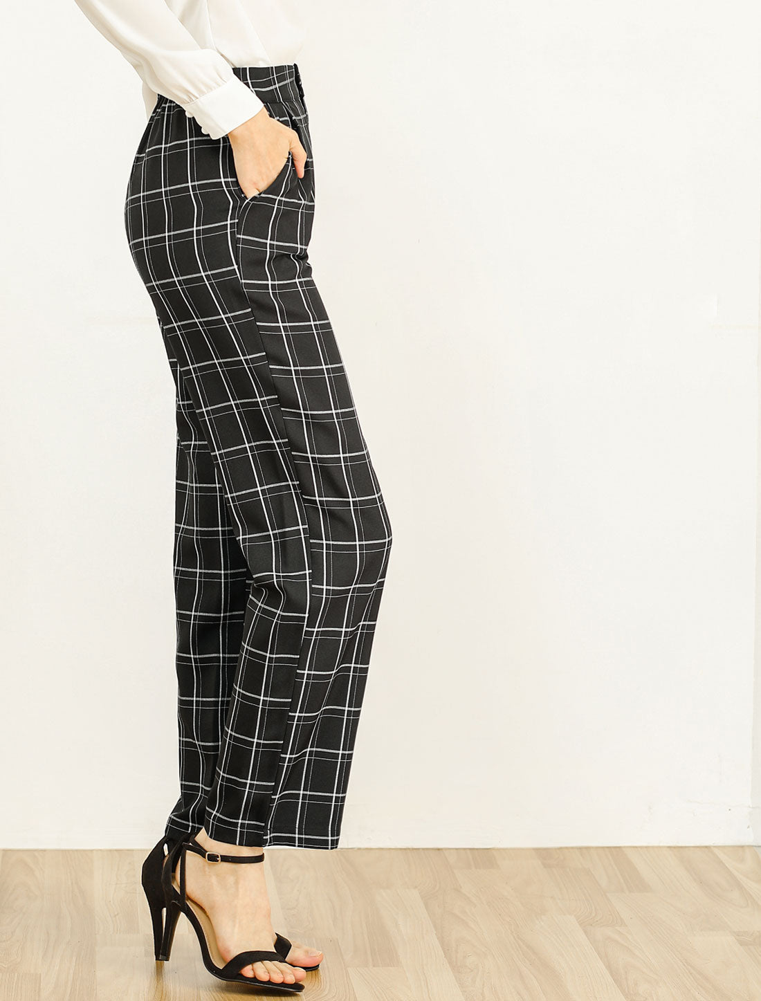 Plaid Elastic Waist Casual Work Office Long Pants