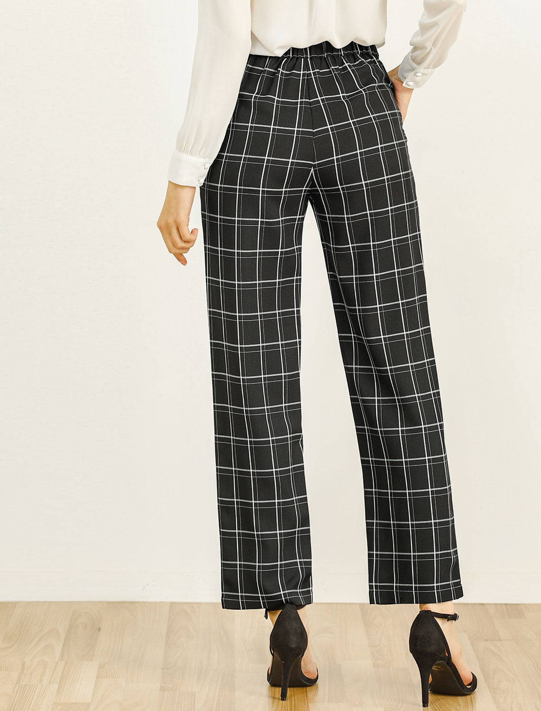 Plaid Elastic Waist Casual Work Office Long Pants