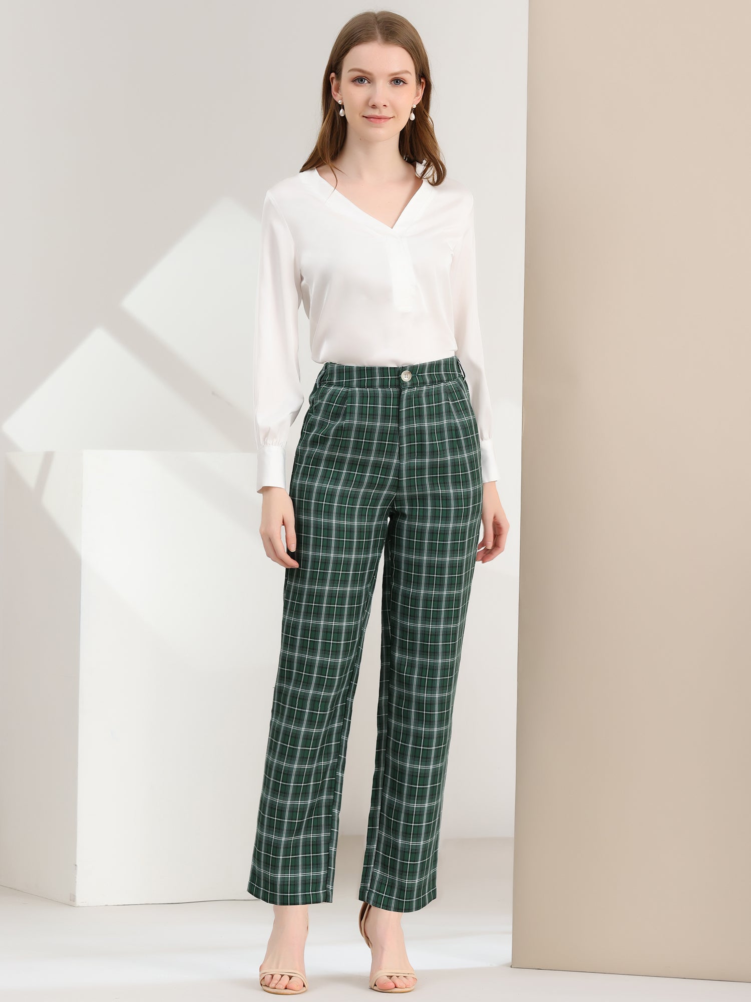 Plaid Elastic Waist Casual Work Office Long Pants