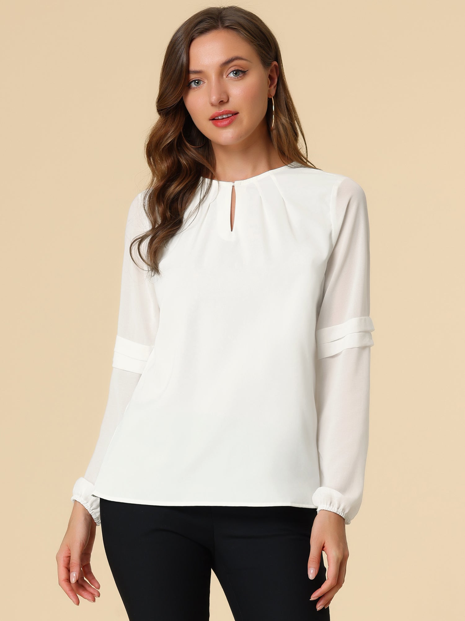 Chiffon Shirt Semi Sheer Keyhole Neck Elegant Work Blouse