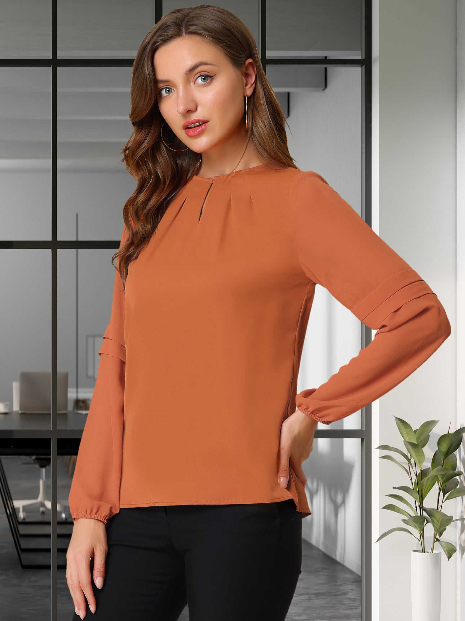 Chiffon Shirt Semi Sheer Keyhole Neck Elegant Work Blouse