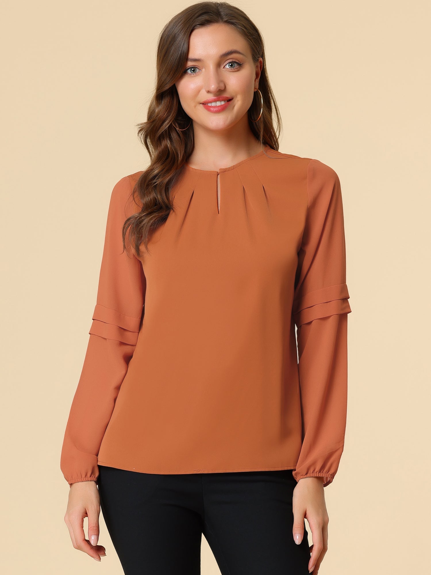 Chiffon Shirt Semi Sheer Keyhole Neck Elegant Work Blouse