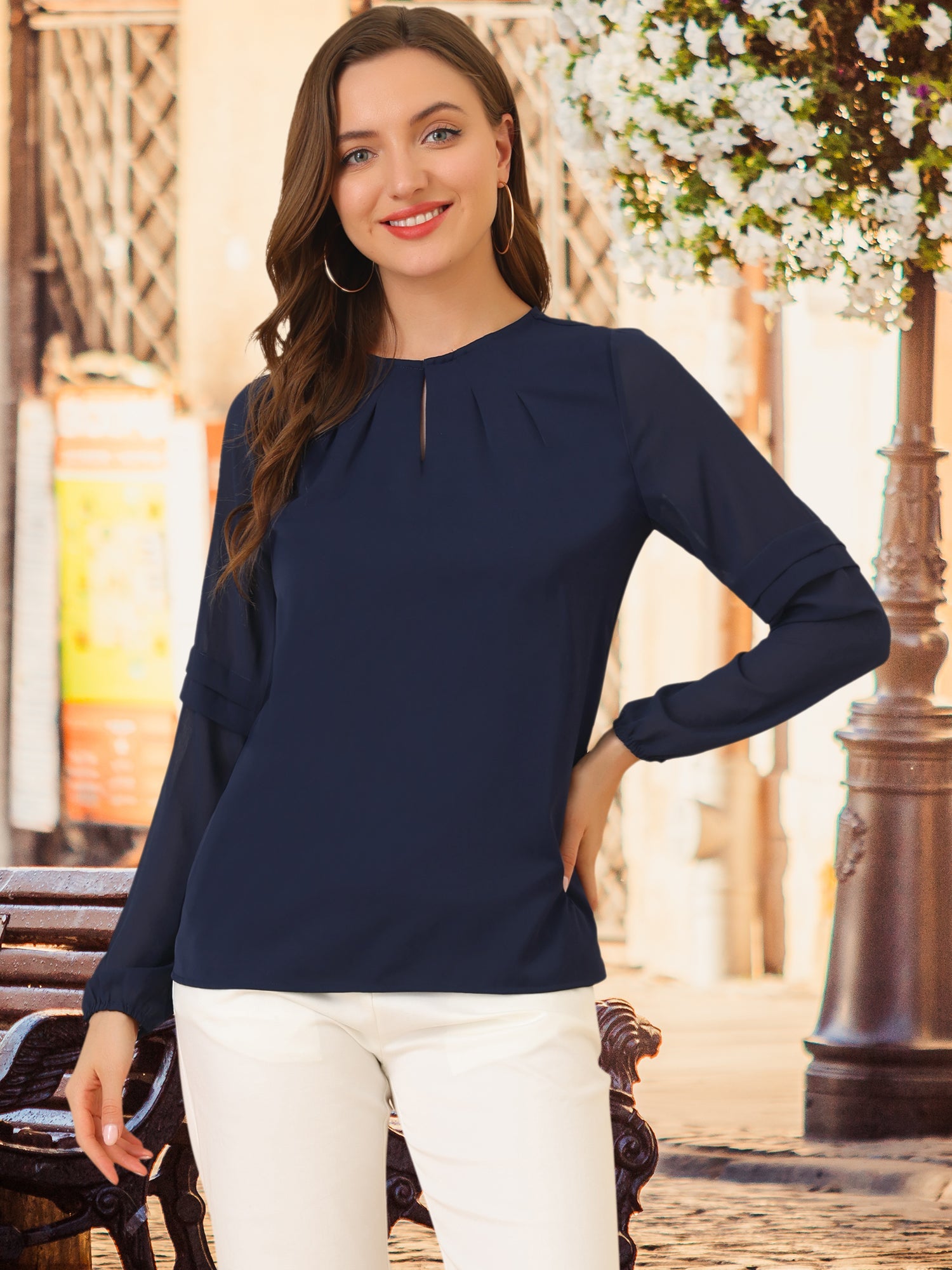 Chiffon Shirt Semi Sheer Keyhole Neck Elegant Work Blouse