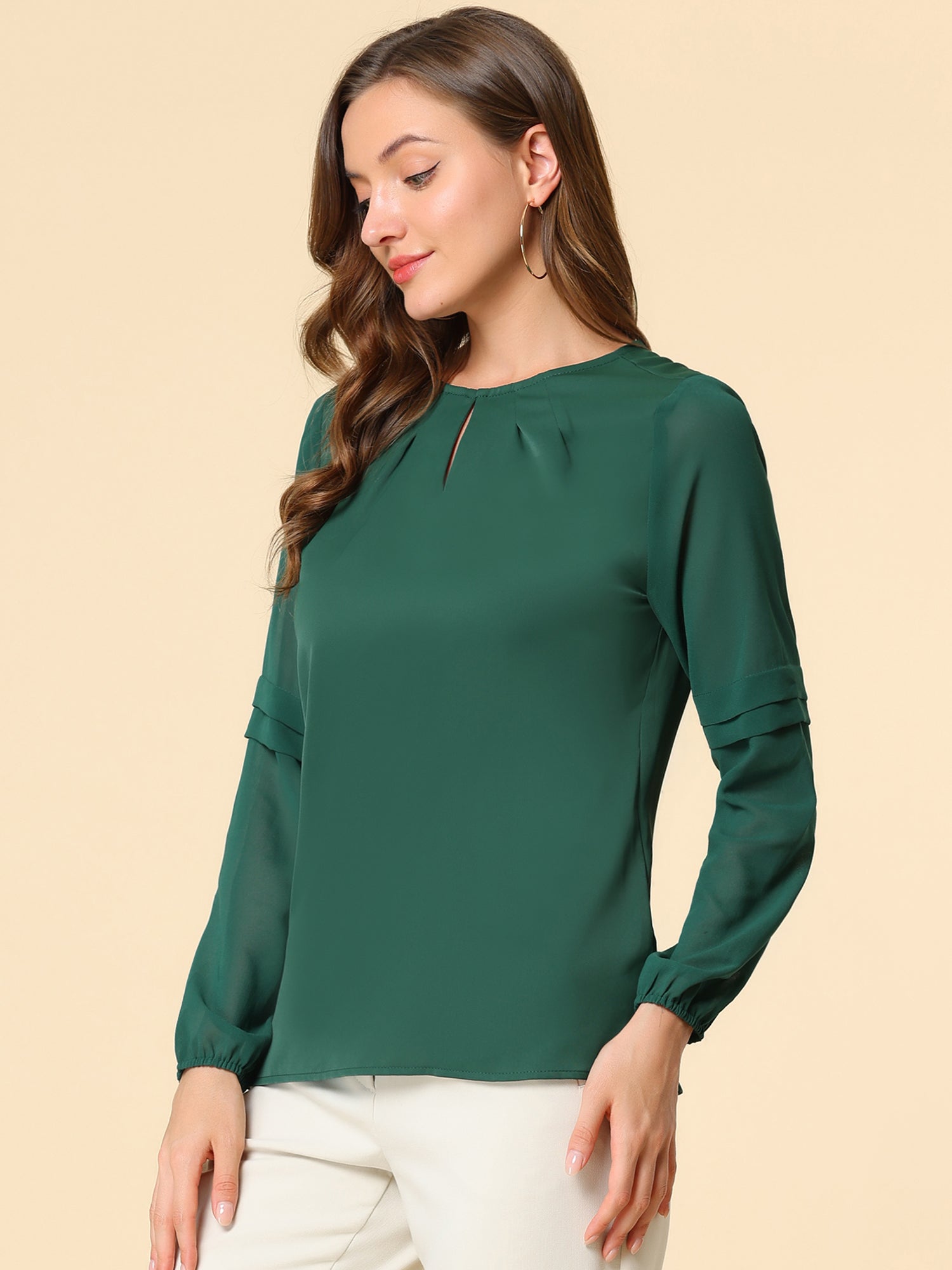 Chiffon Shirt Semi Sheer Keyhole Neck Elegant Work Blouse