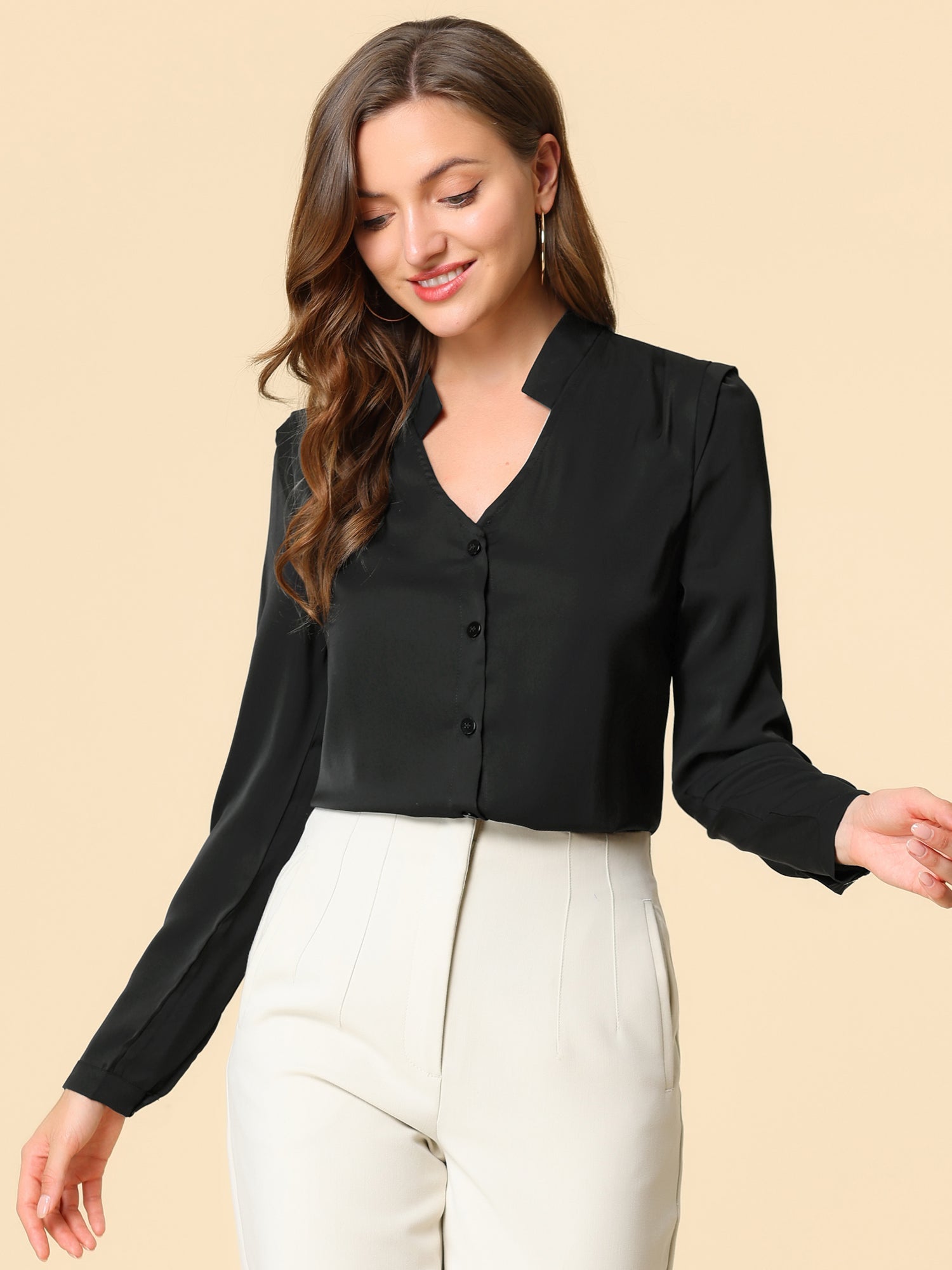 Work Office Blouse Button Up Long Sleeve V Neck Chiffon Shirt
