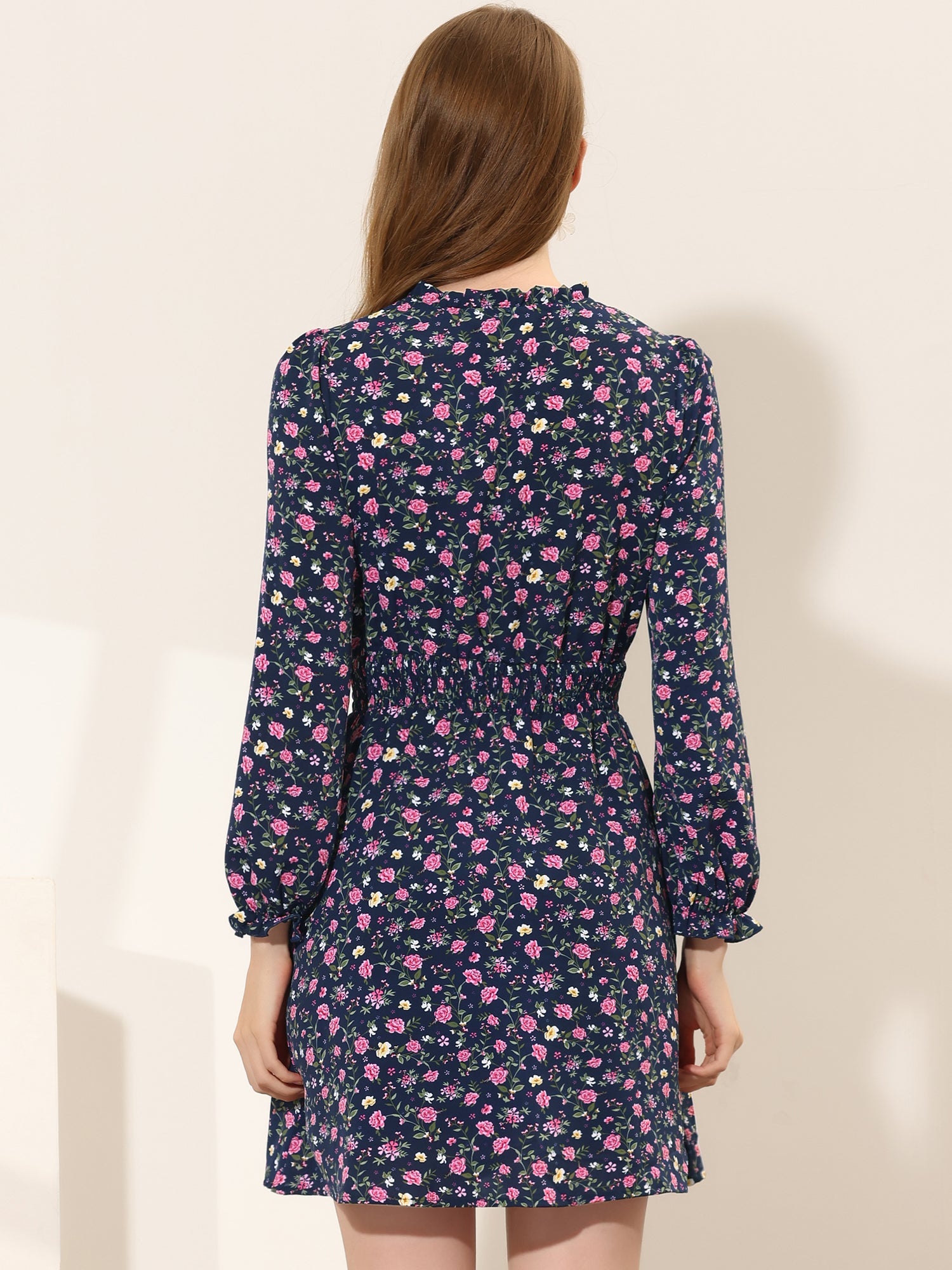 Smocked Waist Tie Neck Floral Long Sleeve Dress