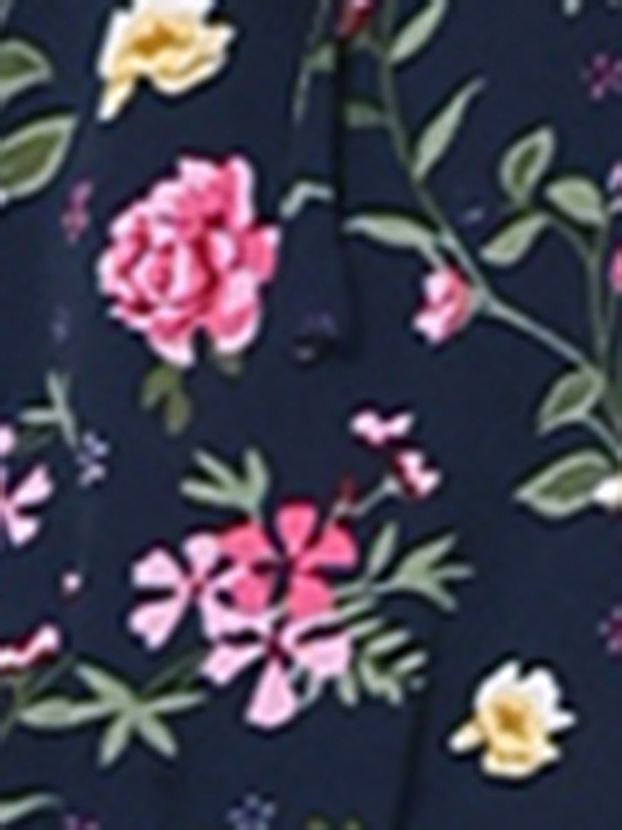 Smocked Waist Tie Neck Floral Long Sleeve Dress