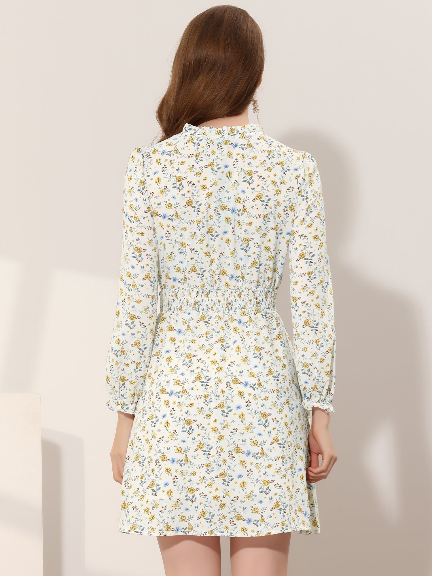 Smocked Waist Tie Neck Floral Long Sleeve Dress