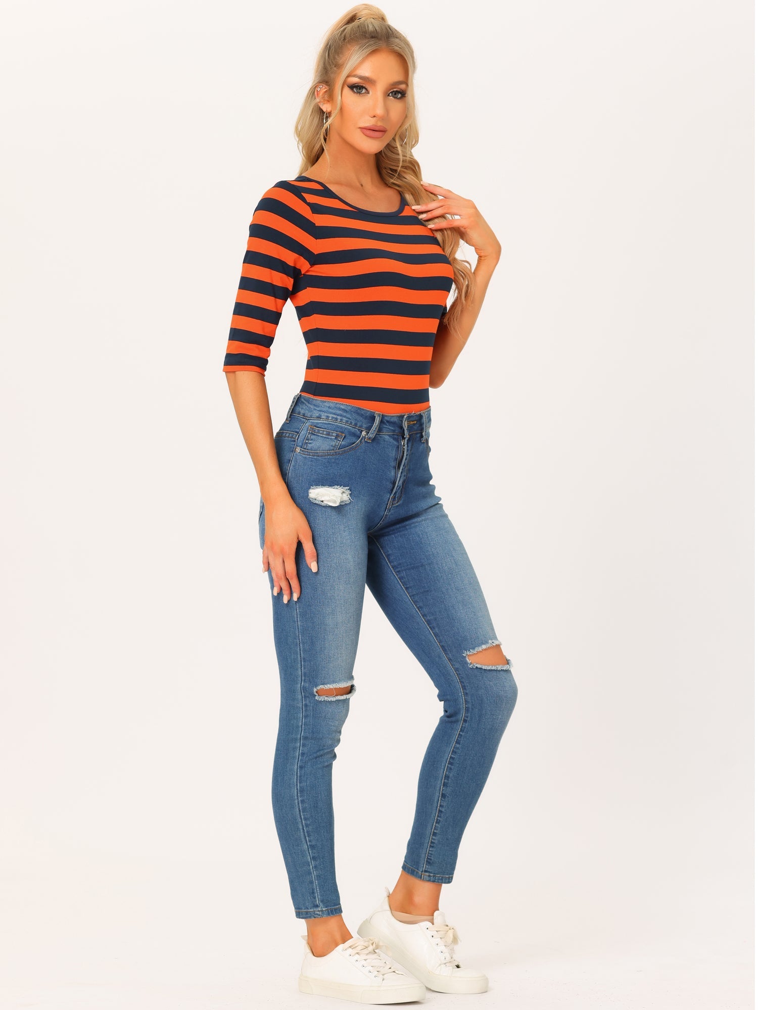 Striped 3/4 Sleeve Round Neck Casual T-Shirt
