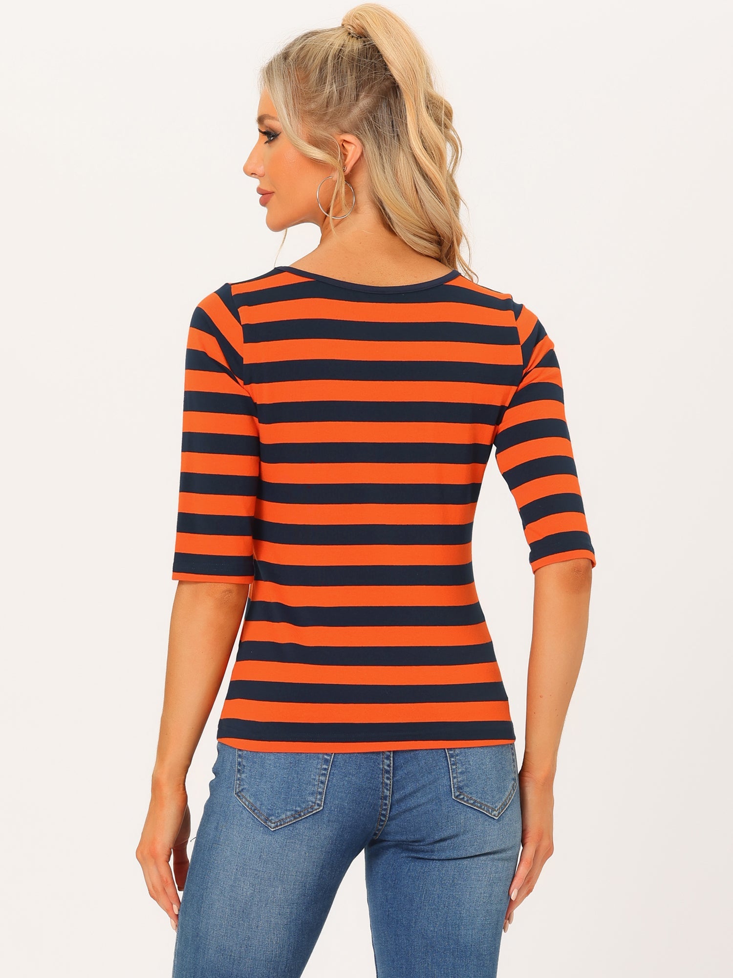 Striped 3/4 Sleeve Round Neck Casual T-Shirt