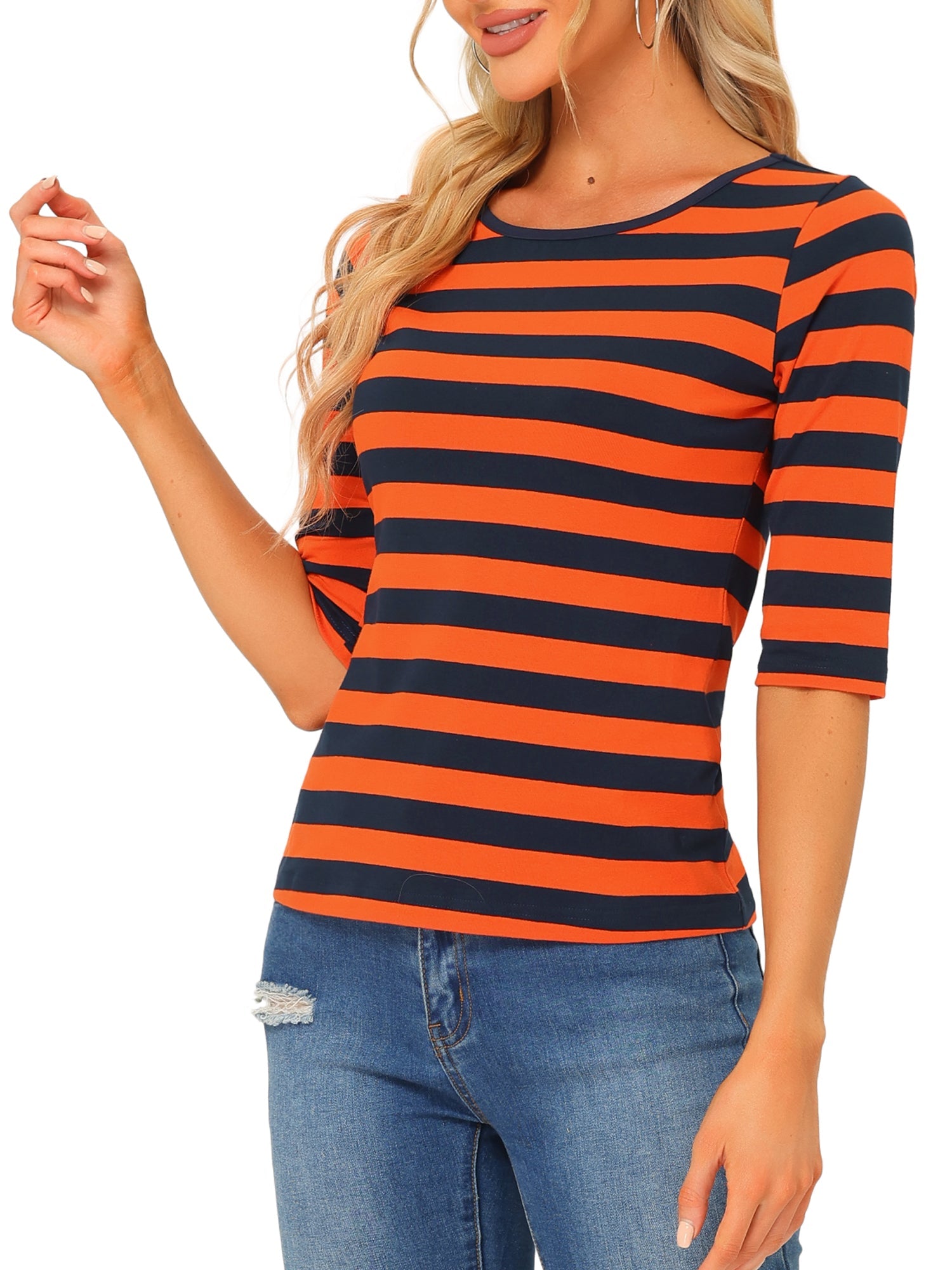 Striped 3/4 Sleeve Round Neck Casual T-Shirt