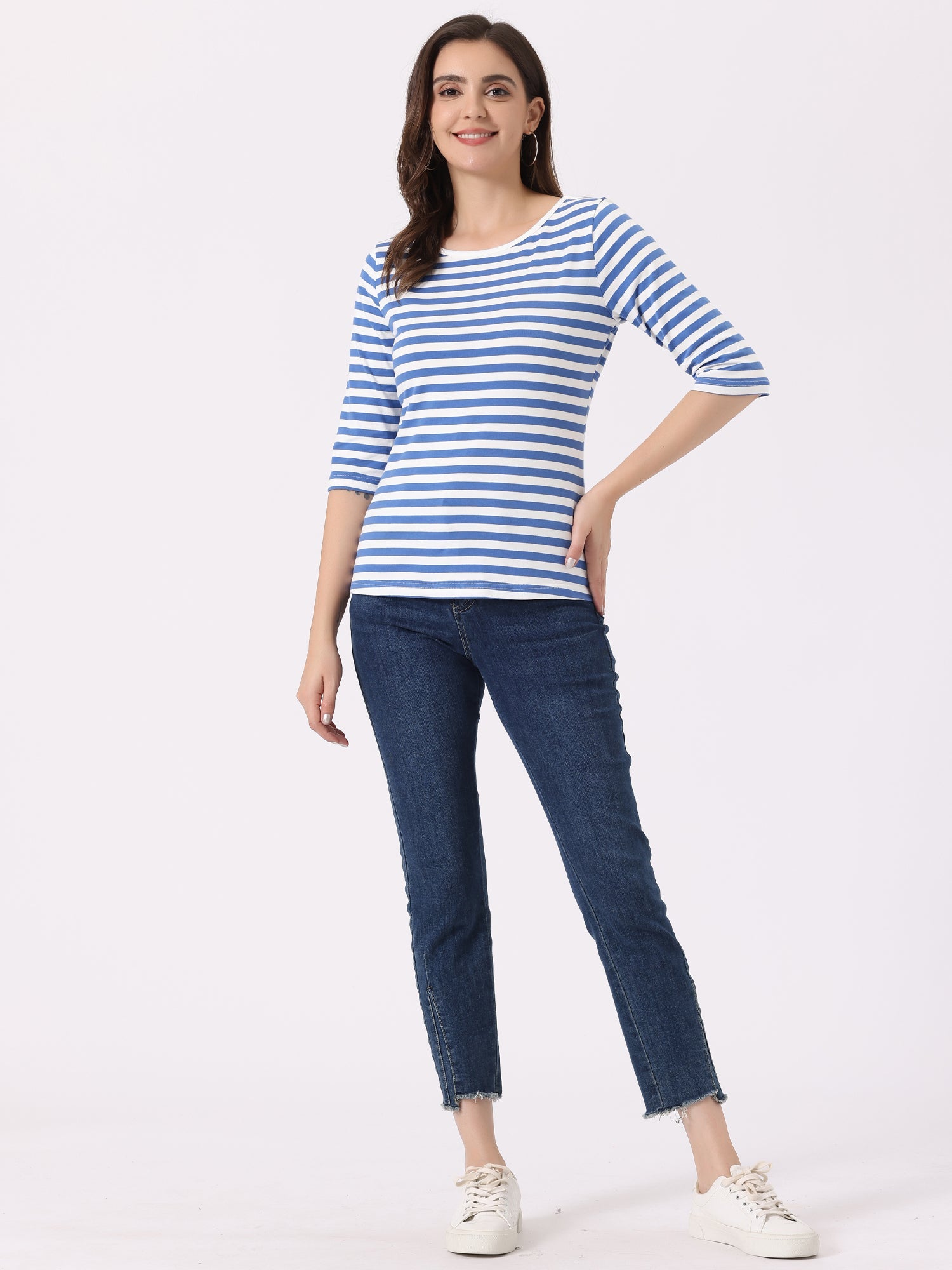 3/4 Sleeve Round Neck Casual Striped T-Shirt