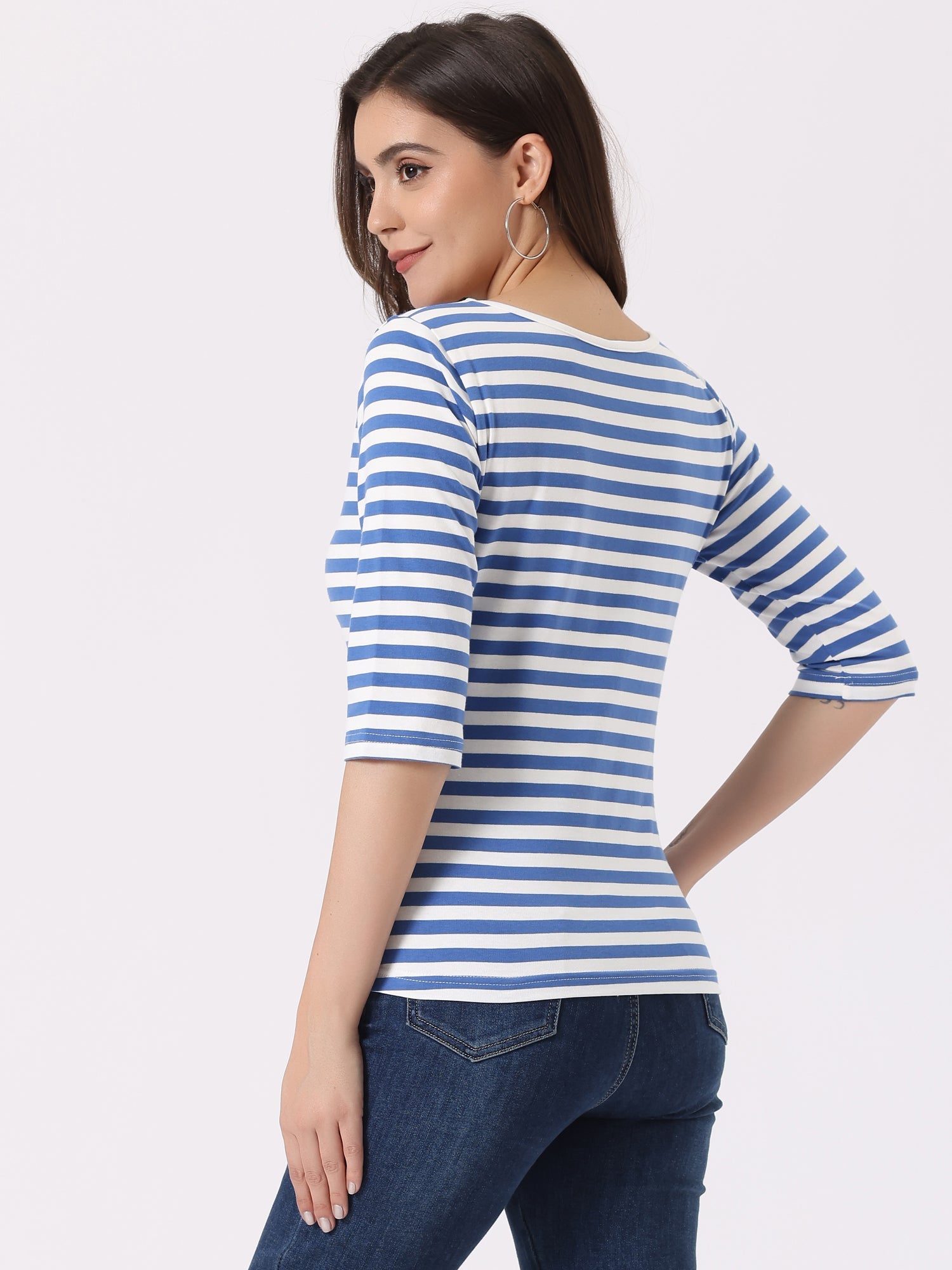 3/4 Sleeve Round Neck Casual Striped T-Shirt