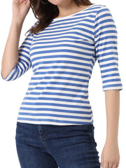 3/4 Sleeve Round Neck Casual Striped T-Shirt