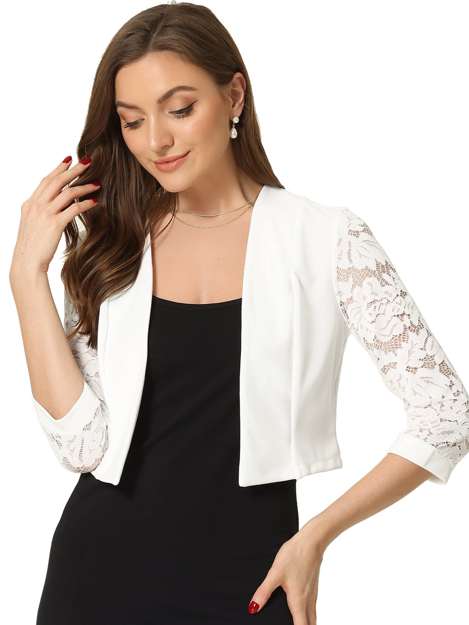 Lace Panel Open Front Long Sleeve Work Office Crop Bolero Shrug