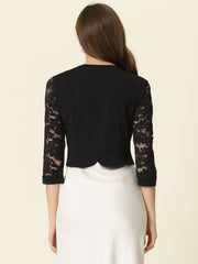 Lace Panel Open Front Long Sleeve Work Office Crop Bolero Shrug