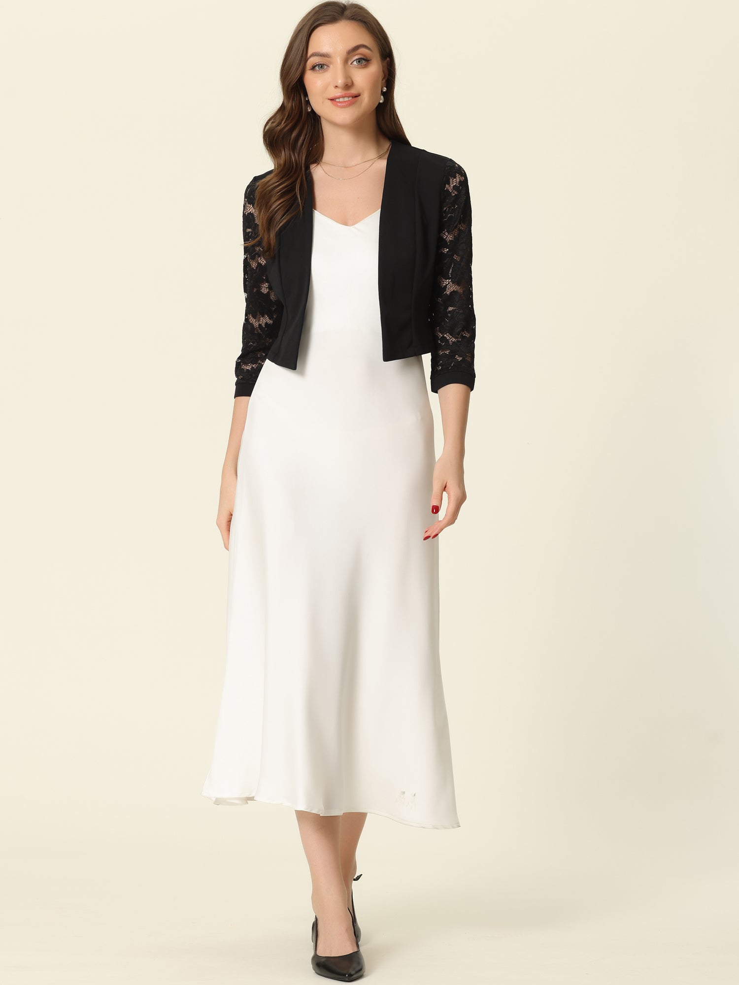 Lace Panel Open Front Long Sleeve Work Office Crop Bolero Shrug