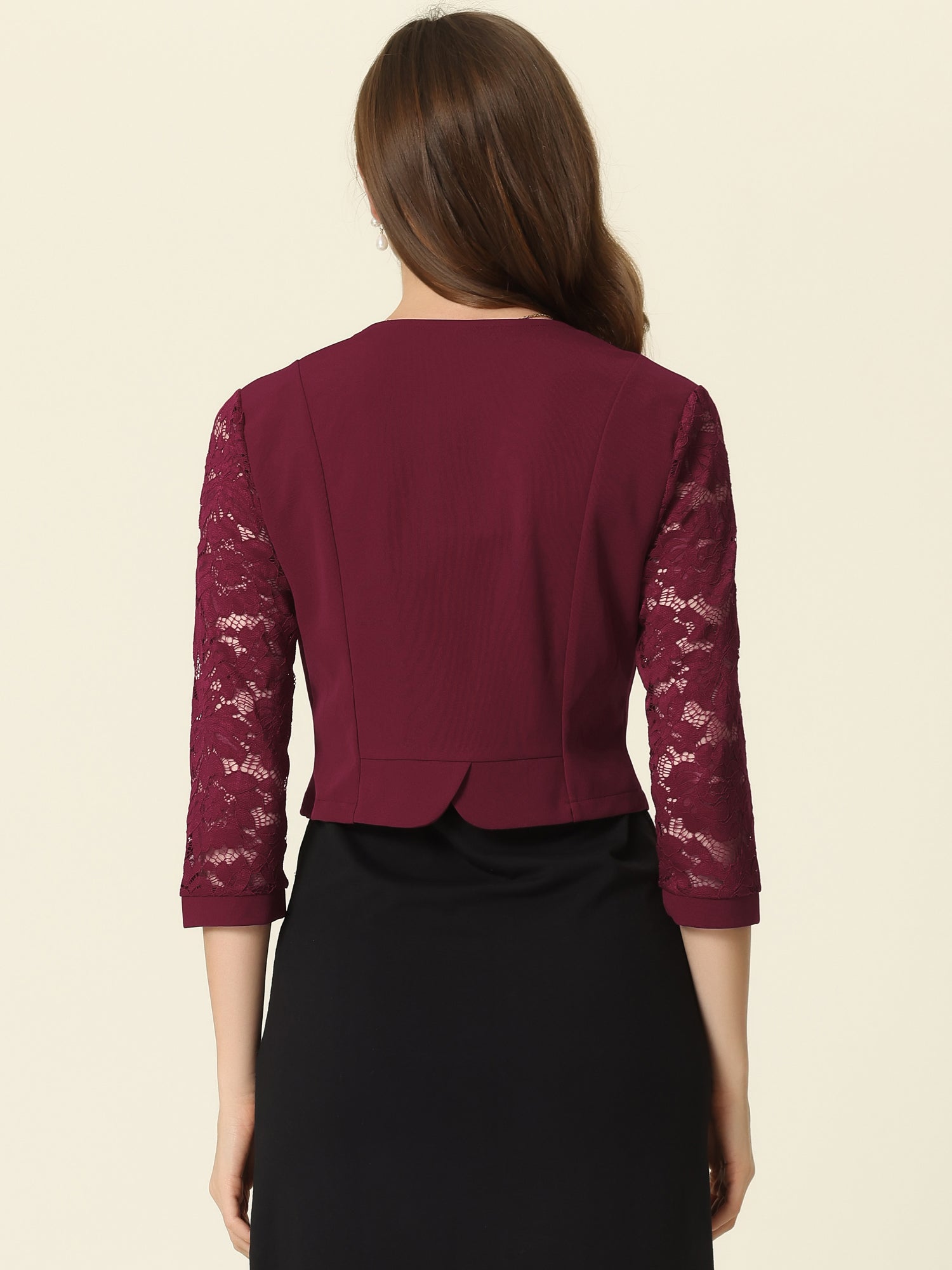 Lace Panel Open Front Long Sleeve Work Office Crop Bolero Shrug