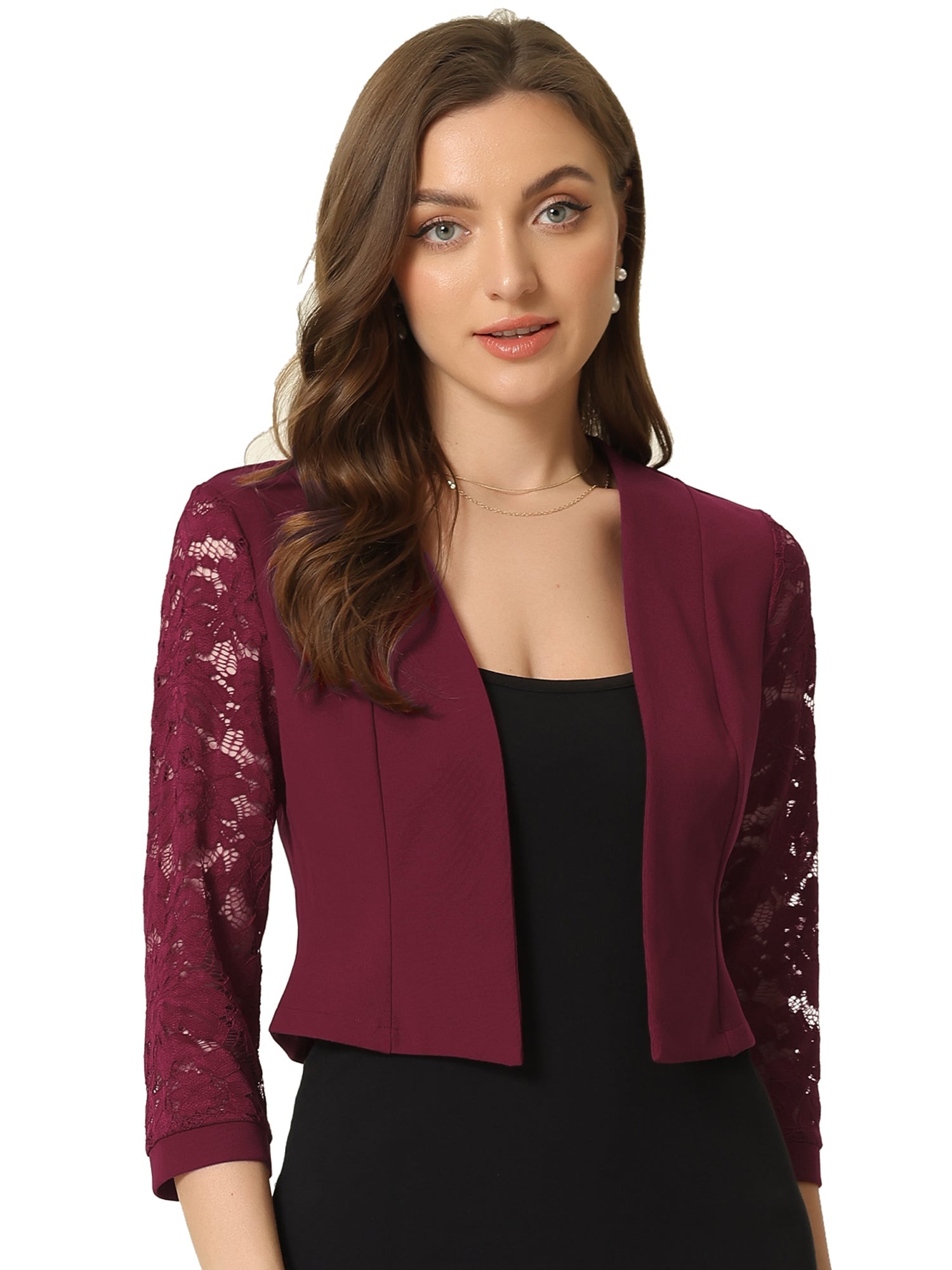 Lace Panel Open Front Long Sleeve Work Office Crop Bolero Shrug