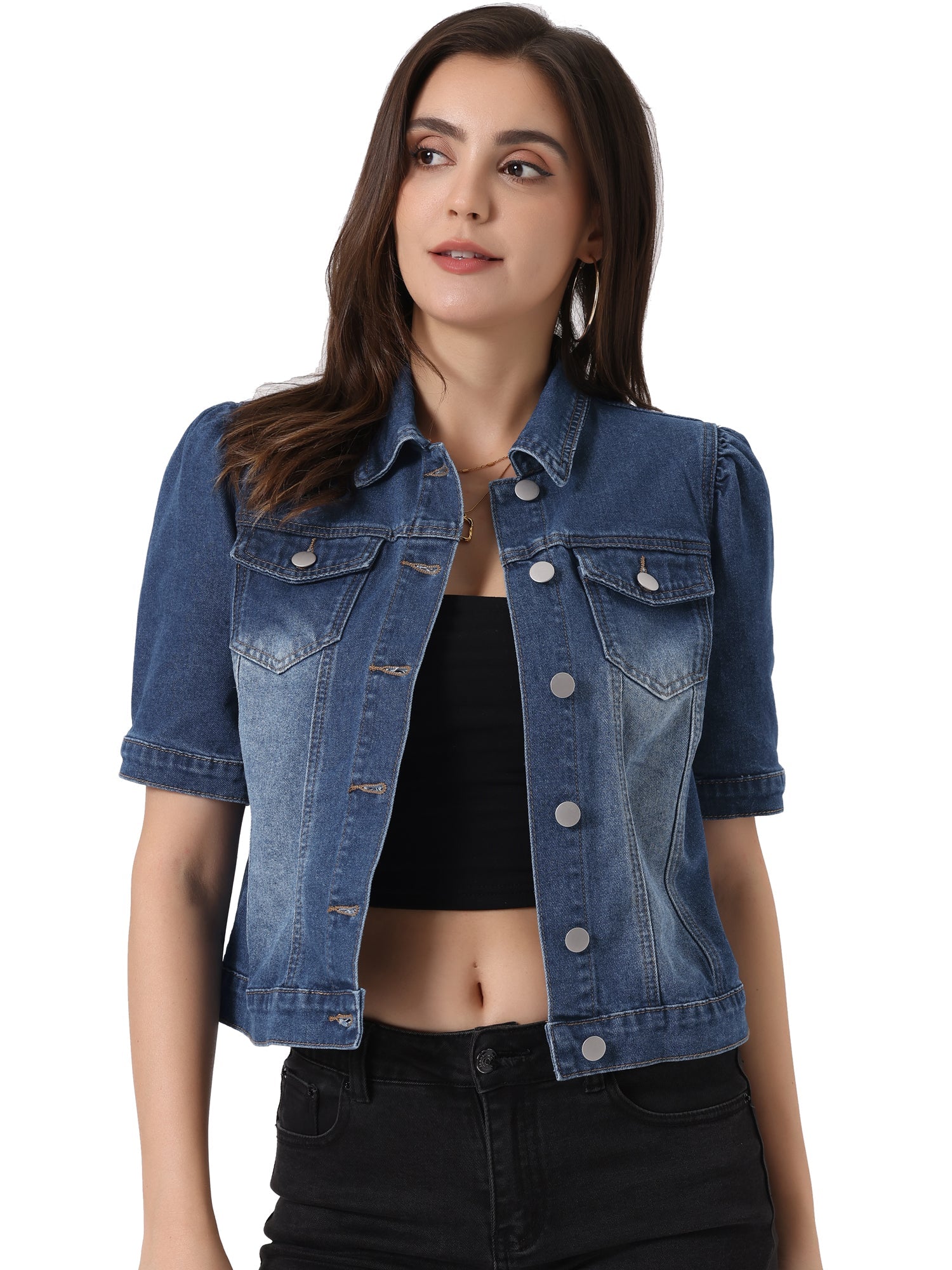 Casual Short Puff Sleeves Button-Down Jean Denim Jacket