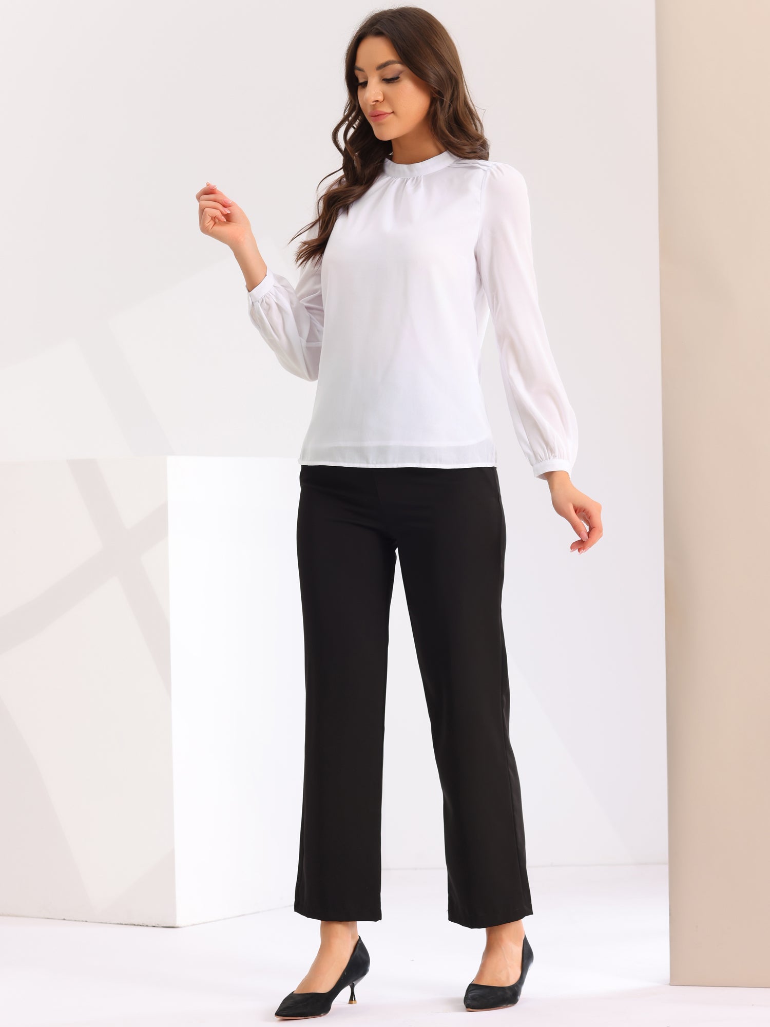 Chiffon Shirt Work Office Mock Neck Long Sleeve Blouse