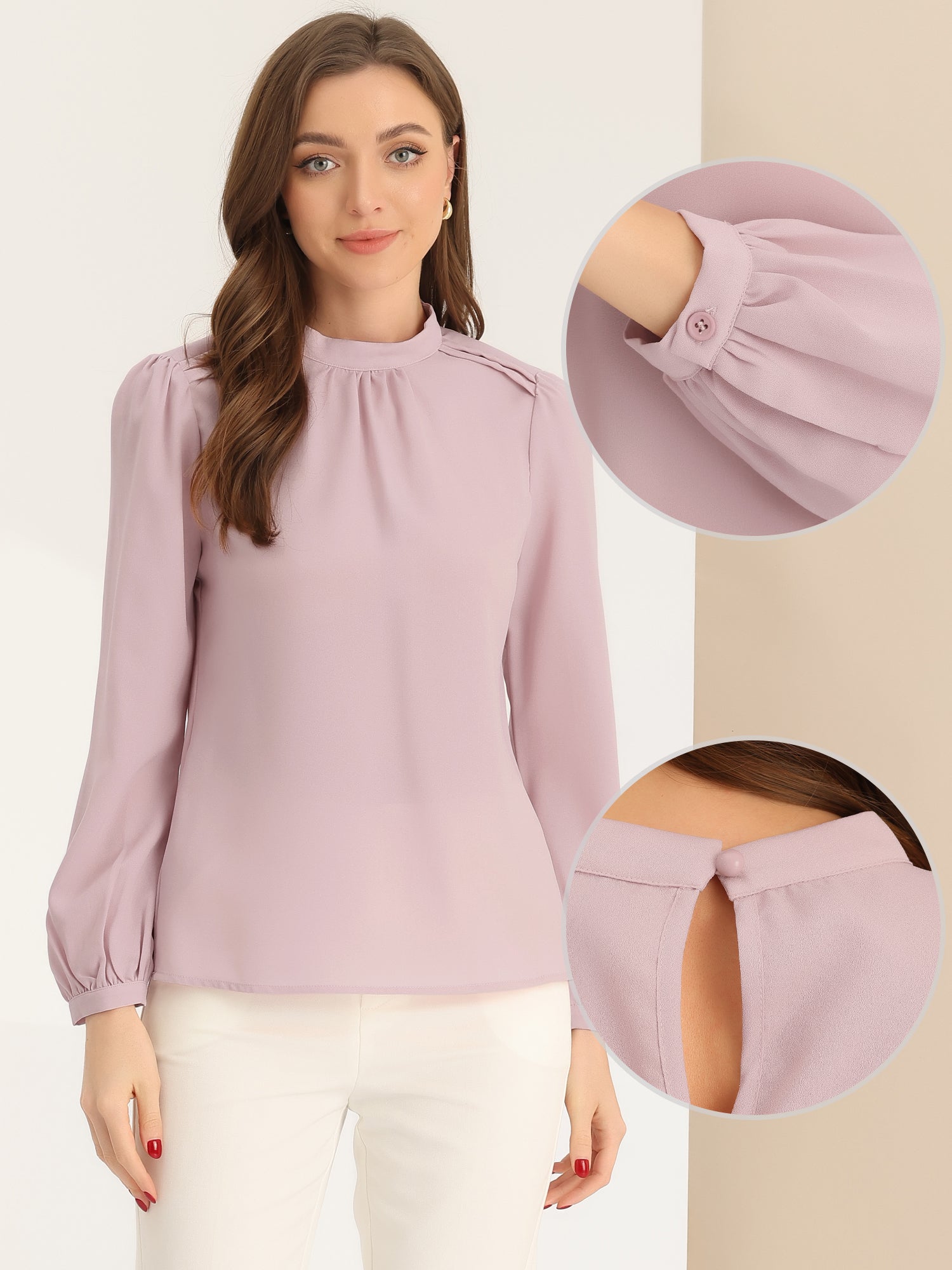 Chiffon Shirt Work Office Mock Neck Long Sleeve Blouse