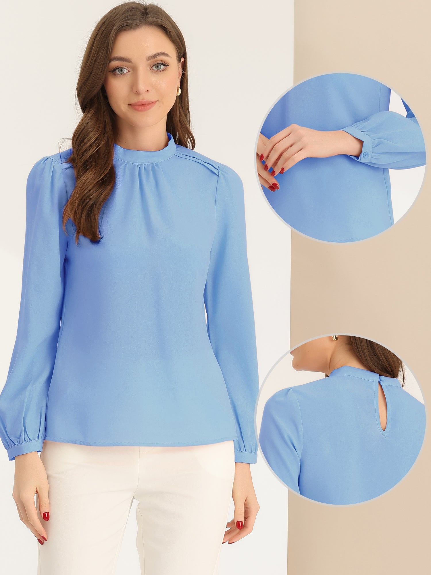 Chiffon Shirt Work Office Mock Neck Long Sleeve Blouse