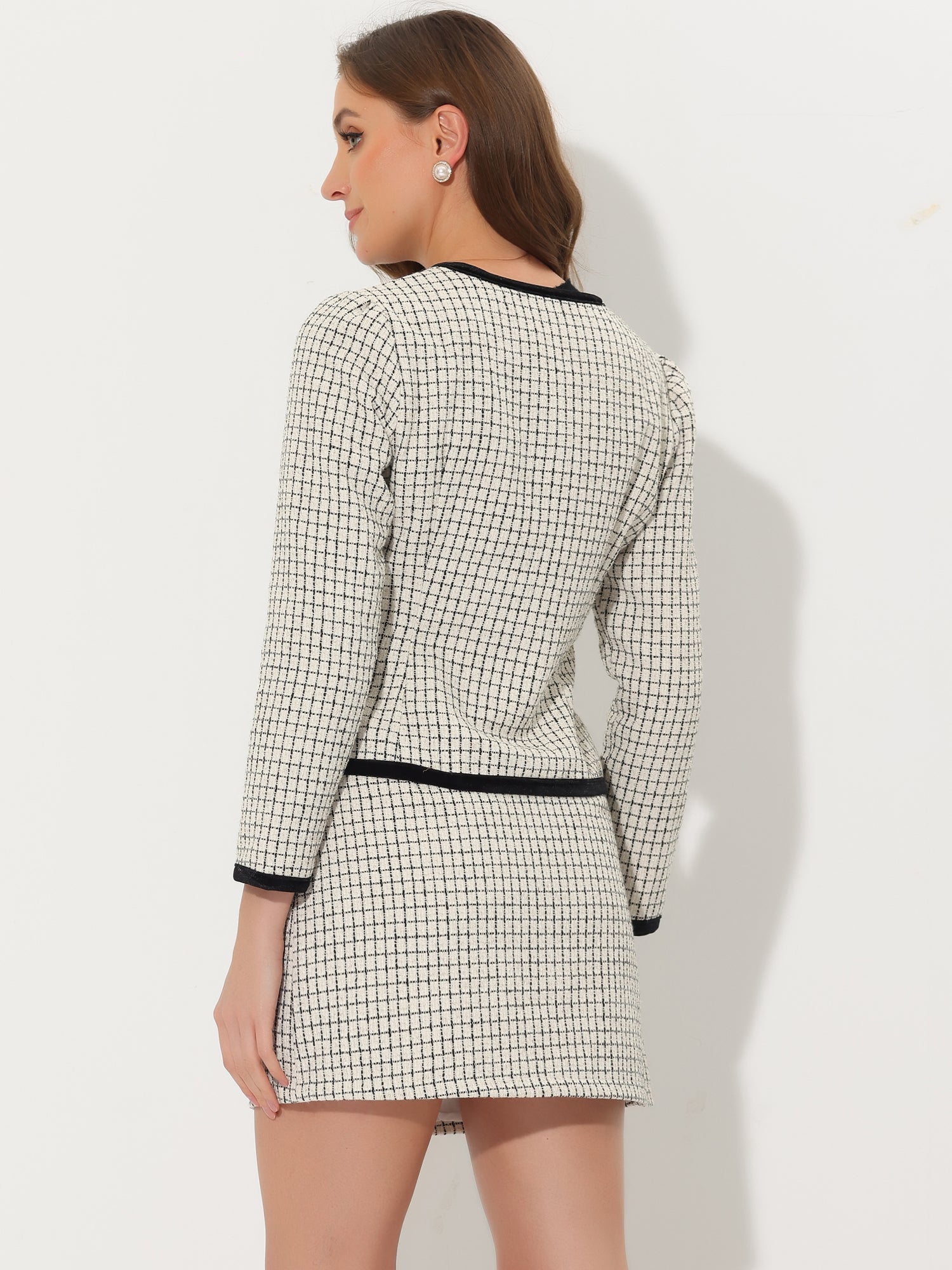 2 Piece Outfits Plaid Tweed Cropped Blazer Jacket & Mini Skirt Suit Set