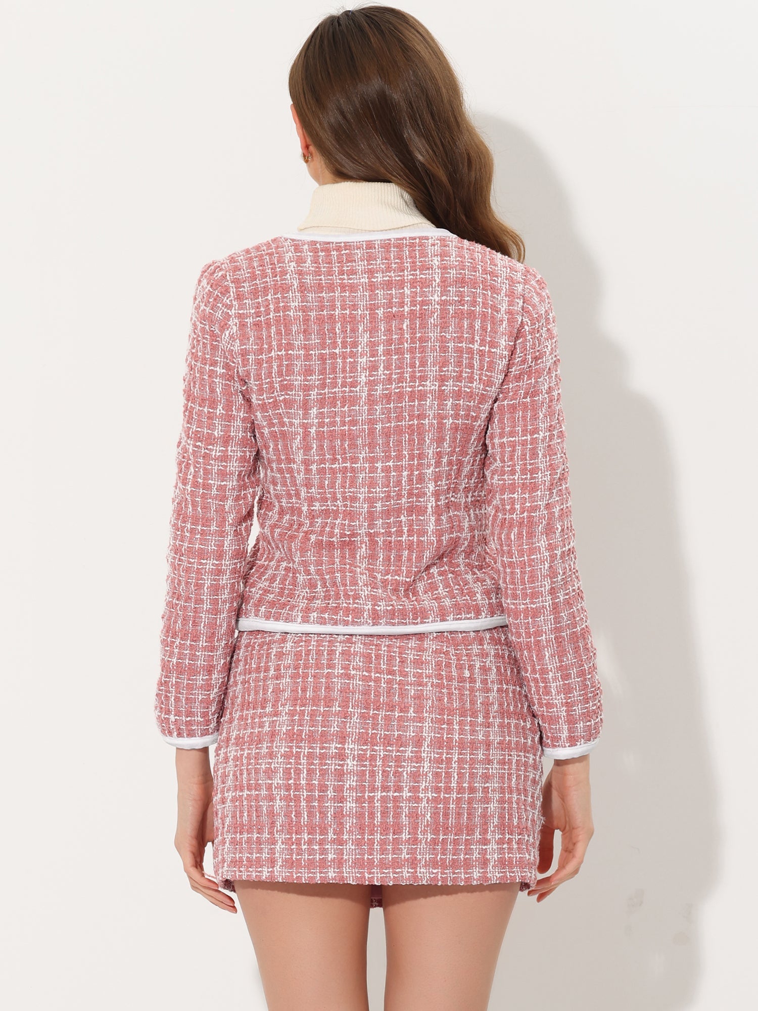 2 Piece Outfits Plaid Tweed Cropped Blazer Jacket & Mini Skirt Suit Set