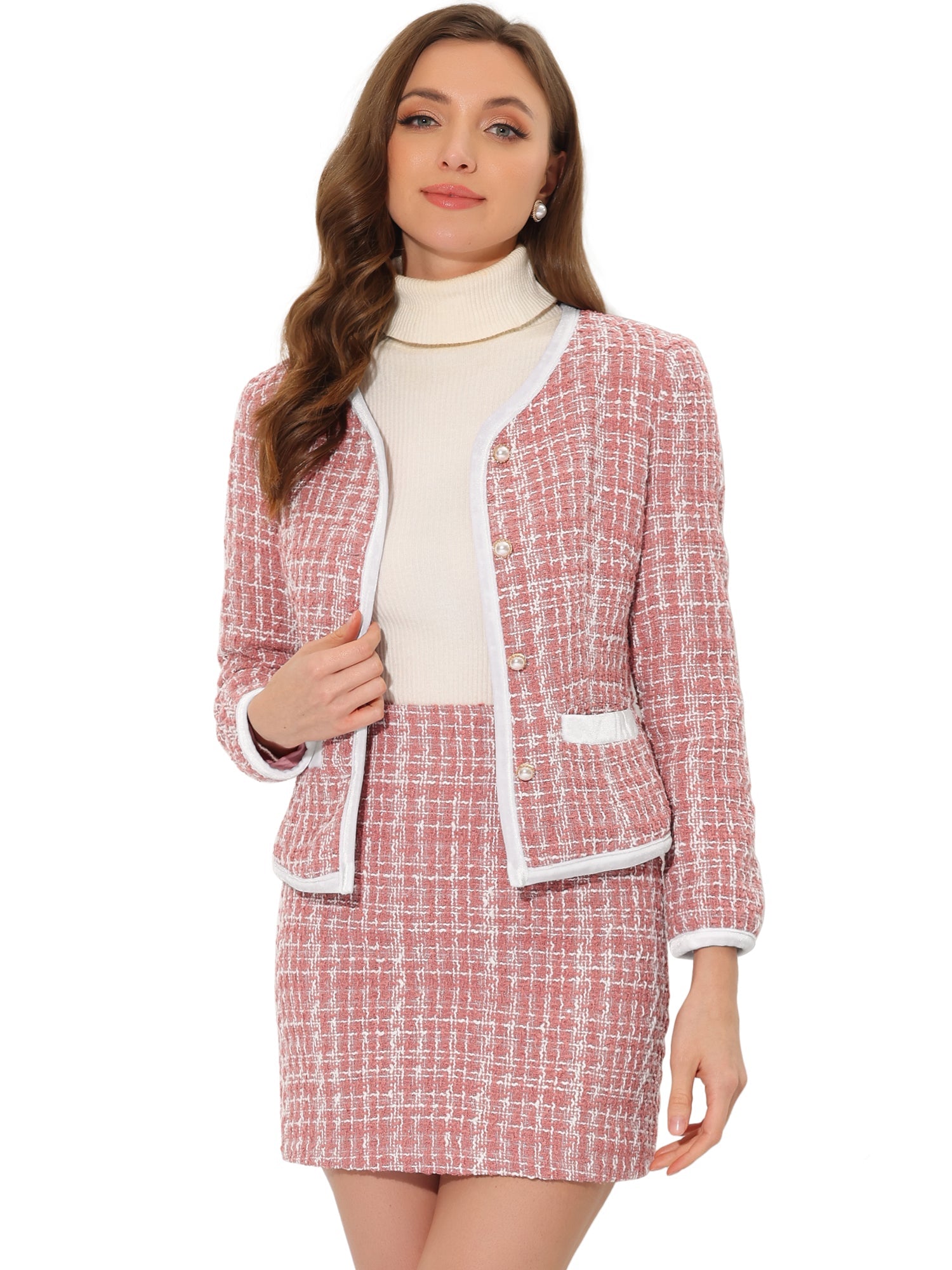2 Piece Outfits Plaid Tweed Cropped Blazer Jacket & Mini Skirt Suit Set