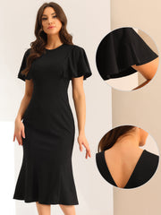 Ruffle Sleeve Round Neck Casual Cocktail Party Work Midi Sheath Dress