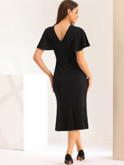 Ruffle Sleeve Round Neck Casual Cocktail Party Work Midi Sheath Dress